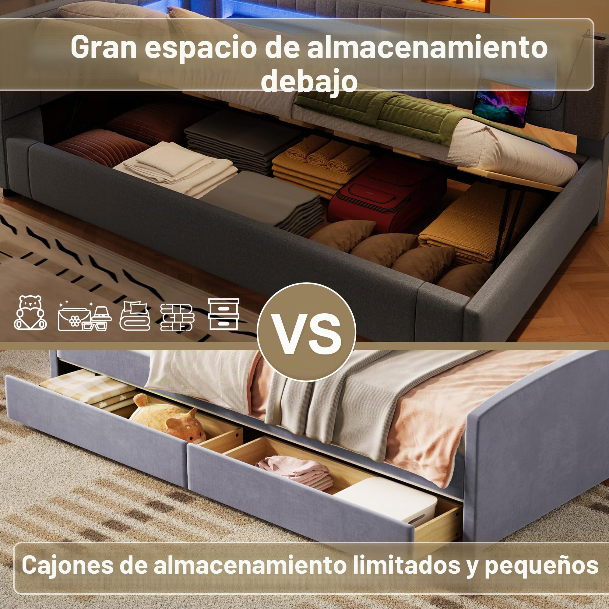 Sofá Cama Individual 90x200 cm, Gris, con Somier, Espacio de Almacenaje Hidráulico, Iluminación LED y App, Puerto USB + Tipo-C, Tejido de Lino, para Niños y Adultos, Sin Colchón