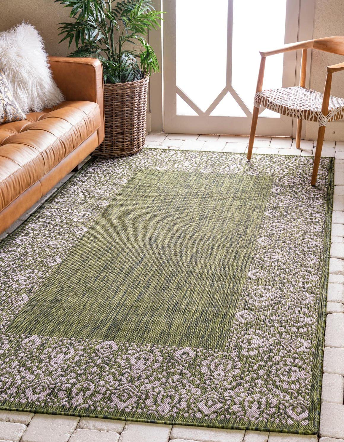 Unique Loom Outdoor Border Collection Area Rug 10x14 Floral Border Green Ivory