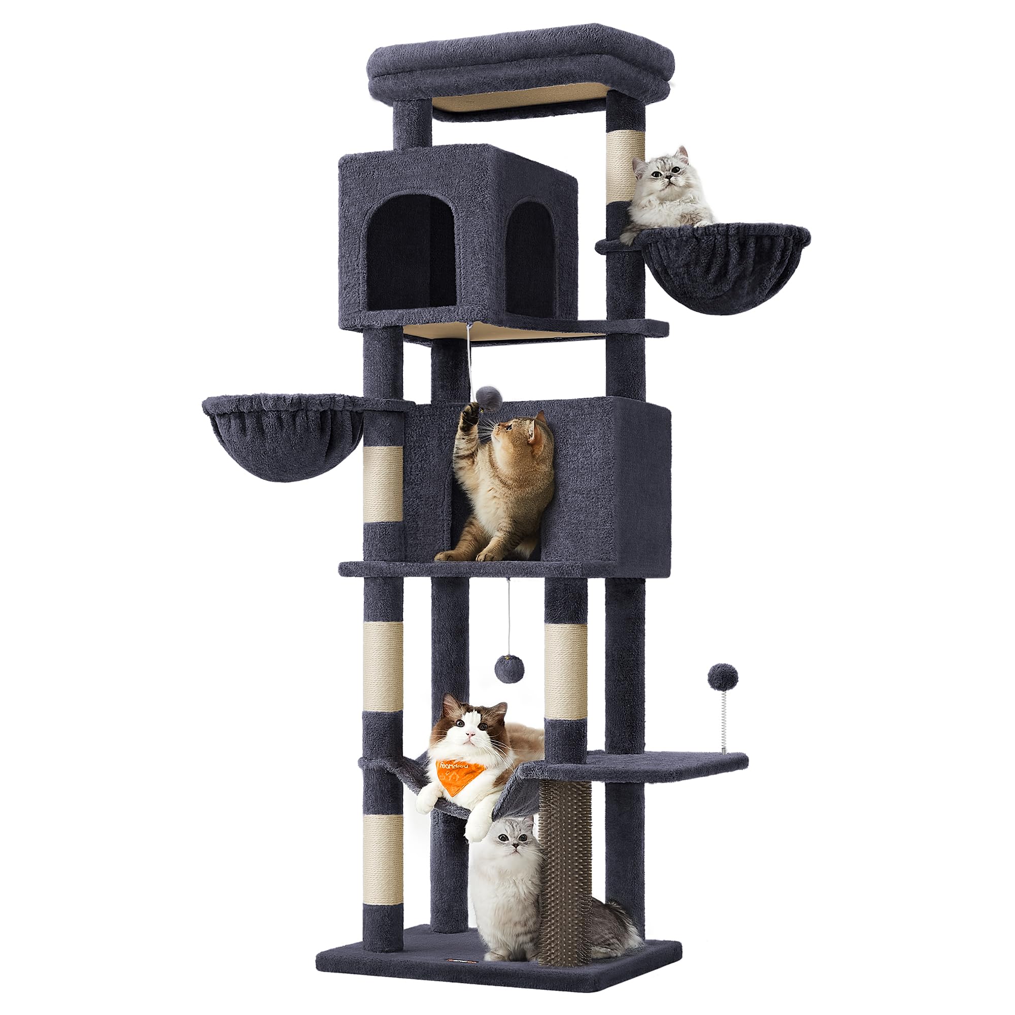 Feandrea Cat Tree, 69-Inch Tall Cat Tower for Indoor Cats, Multi-Level Cat Condo with 2 Caves, 2 Baskets, 5 Scratching Posts, Self-Groomer, Perch, Hammock, Dark Gray UPCT182G02