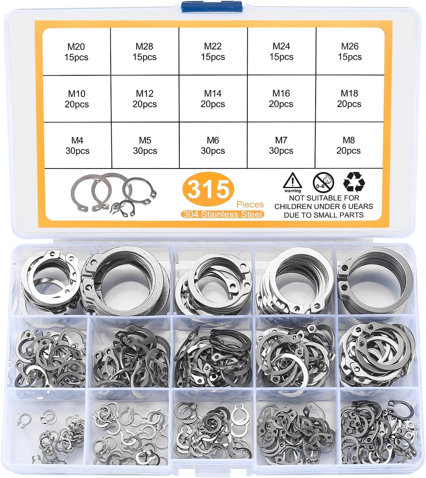 315 Pcs Snap Rings, External Retaining Rings Kit, C Clips Circlip Snap Retaining Rings Assortment Set, Secure Parts on Studs/Grooved Shafts/Pins, 15 Sizes (Stainless Steel, Silver)