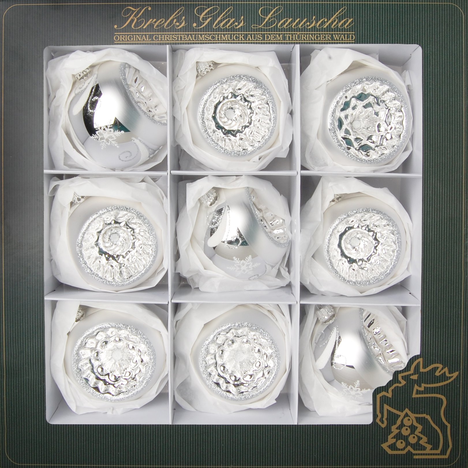 Palline Di Natale In Vetro Krebs Glas Lauscha: 6 Sfere Con Alberello Verde - Decorazione Elegante Argento 8 Cm