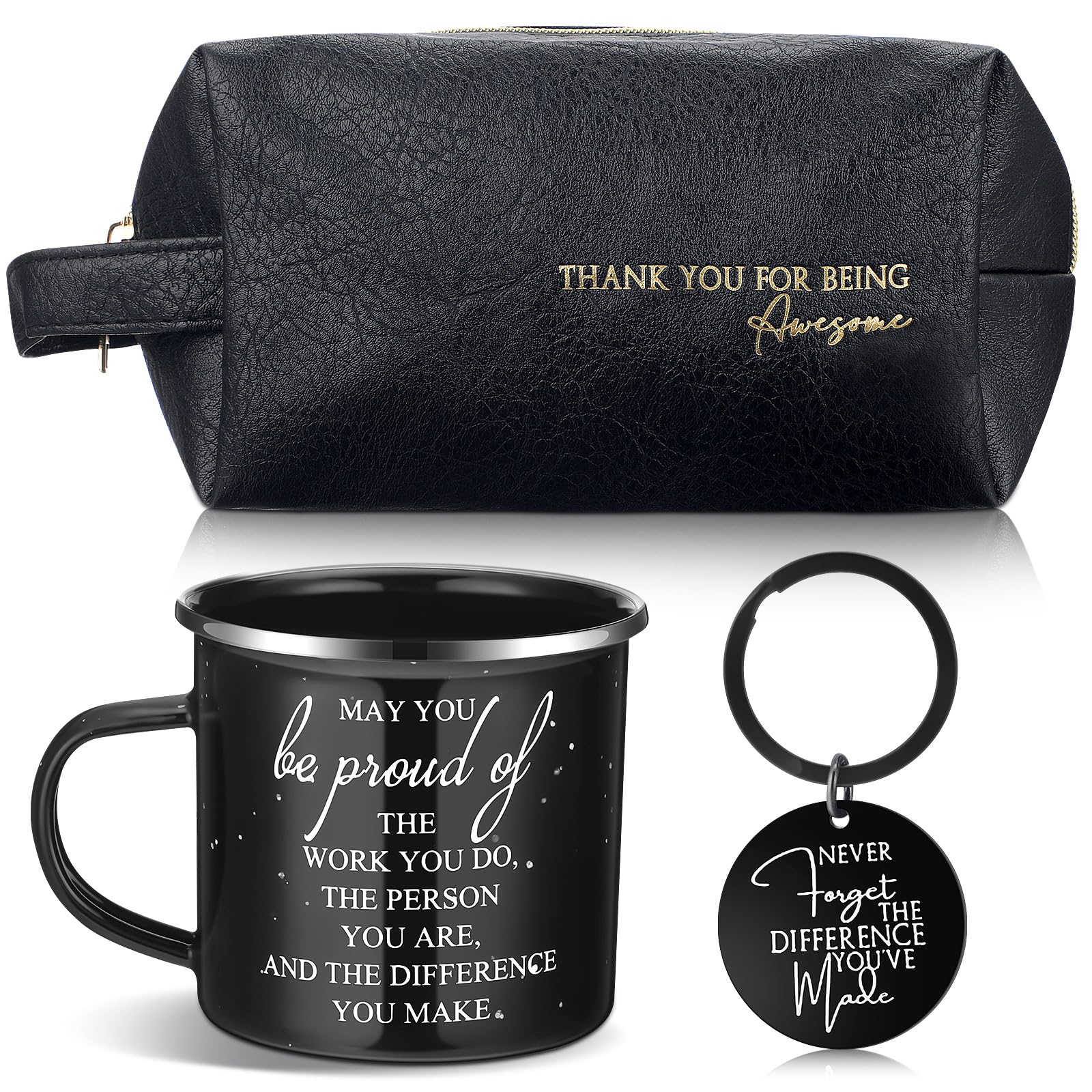 Dandat 3 Pcs Thank You Gift for Men Dad, 12 oz Inspirational Enamel Mug with Handle Leather Toiletry Bag Motivational Keychain Gift Set for Coach Men Teacher Male Staff Father's Day, Black