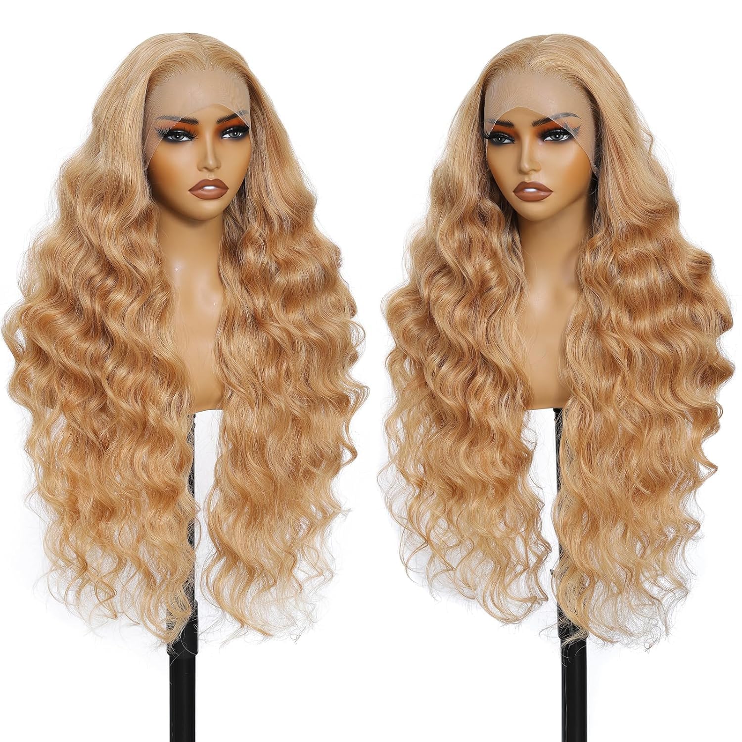 SOKU Długa peruka blond miodowy blond wstępnie depilowana linia frontu z baby hair koronka przód HD przezroczysta 13x6 syntetyczna peruka 32" styl Body Wave dla kobiet włókno odporne na ciepło