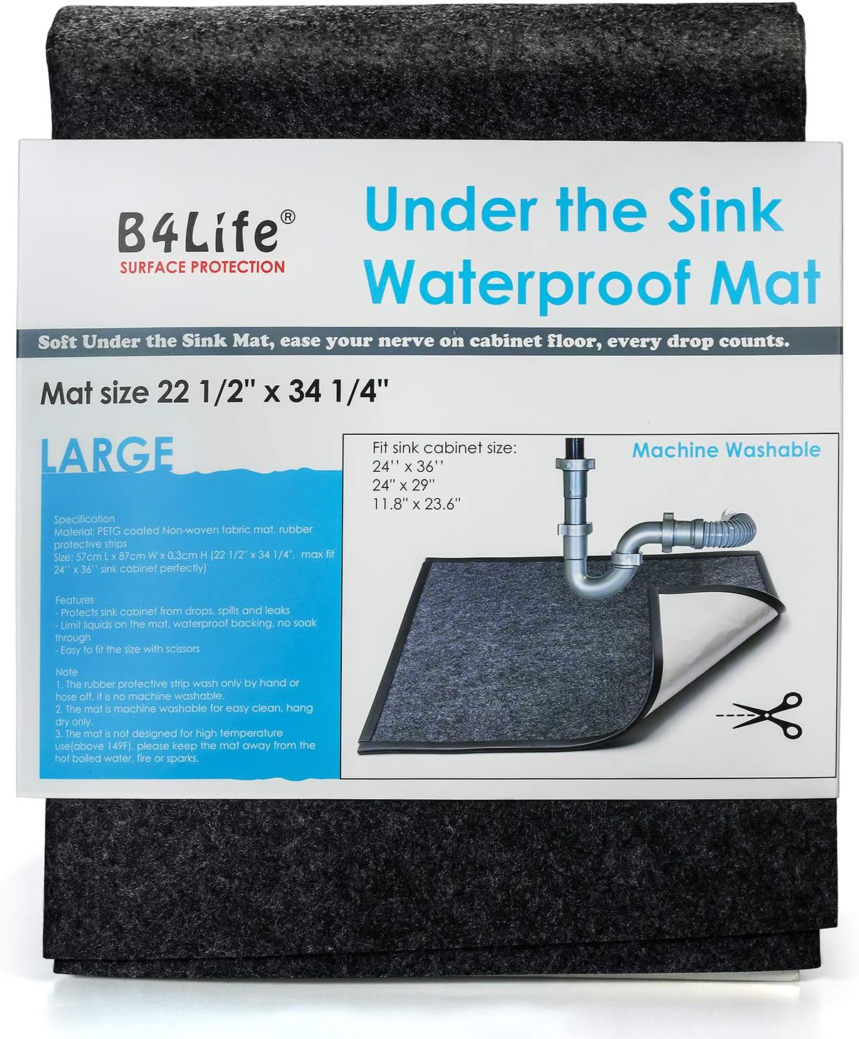 B4Life Under Sink Mat Kitchen Cabinet Liner, Fits 24'' x 36'' Cabinet, Large Waterproof Mat with Rubber Strip, Protects Cabinet, Contains Liquids - Absorbent/Washable/Durable (Black)