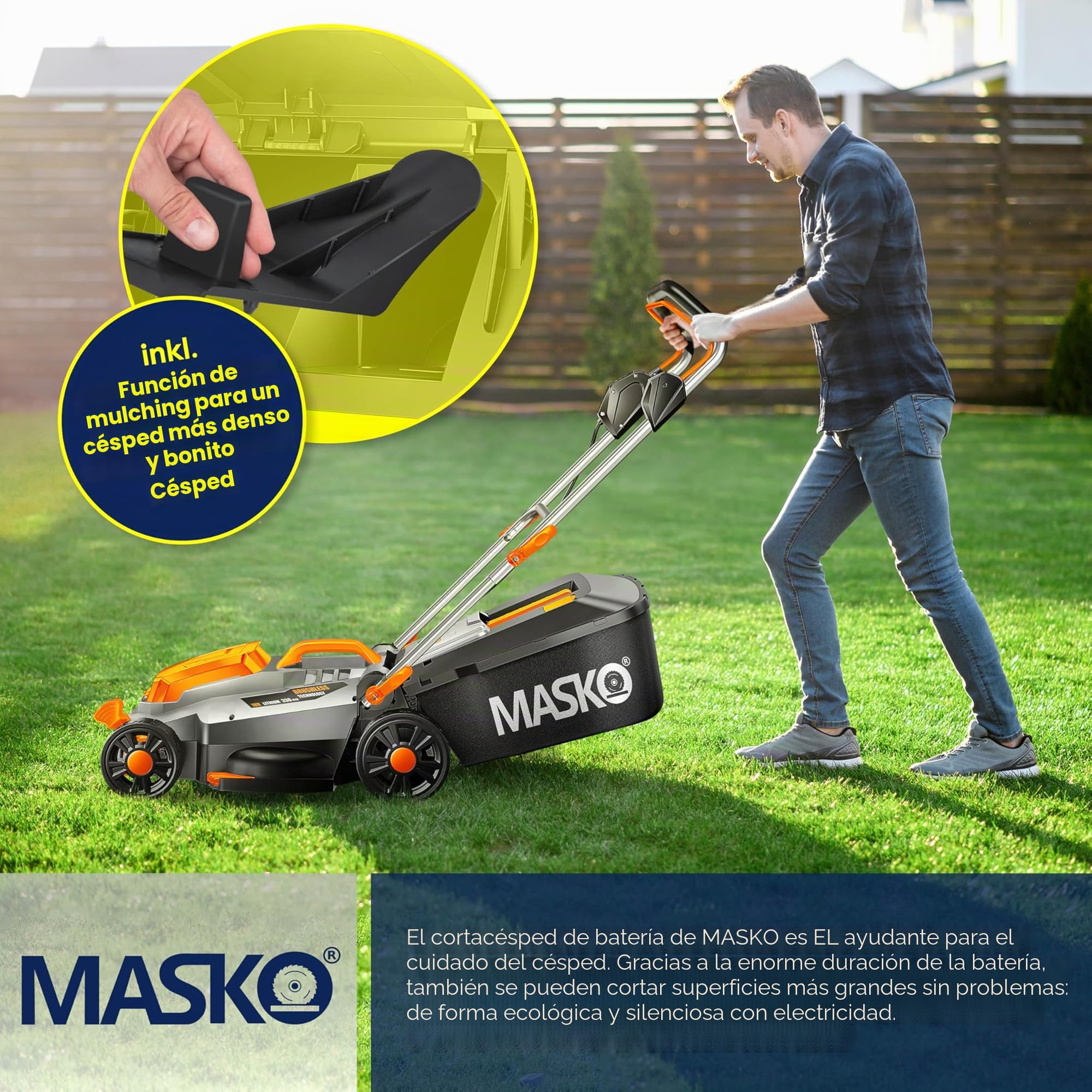 MASKO® Cortacésped con función de mantillo, Incluye Batería de Ion de Litio de 4 Ah y Cargador Doble, Ancho de Corte de 33 cm, 5 Posiciones de 25 a 75 mm, Altura Regulable, 30L hasta 150m²
