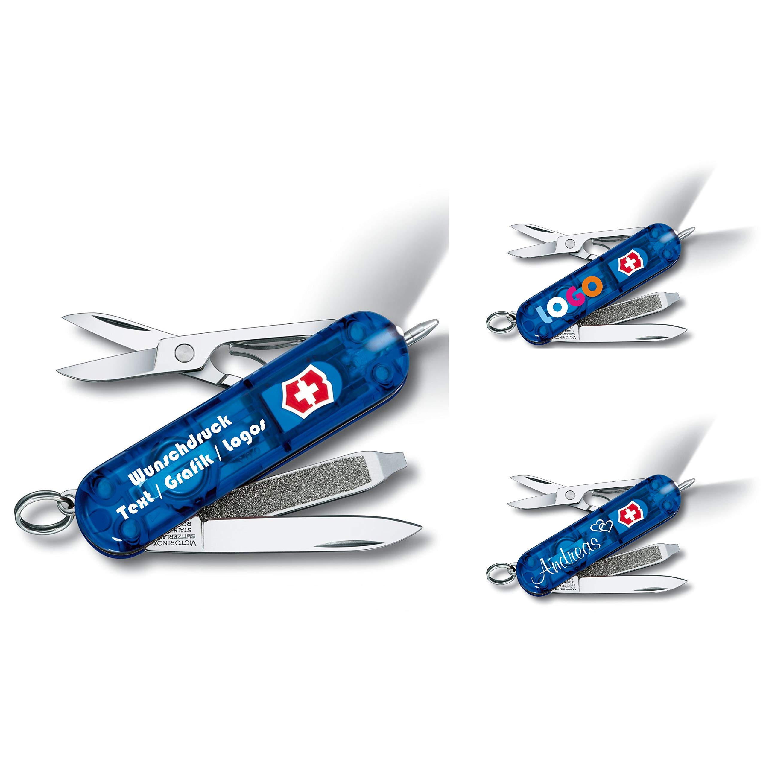 Victorinox Navaja Firma Lite Con Impresión Deseada en La Cáscara I Regalo Para Hombres Cumpleaños I Suiza Navaja Personalizada 10 Funciones 0.6385 - azul transparente, 58 x 20 x 12 mm