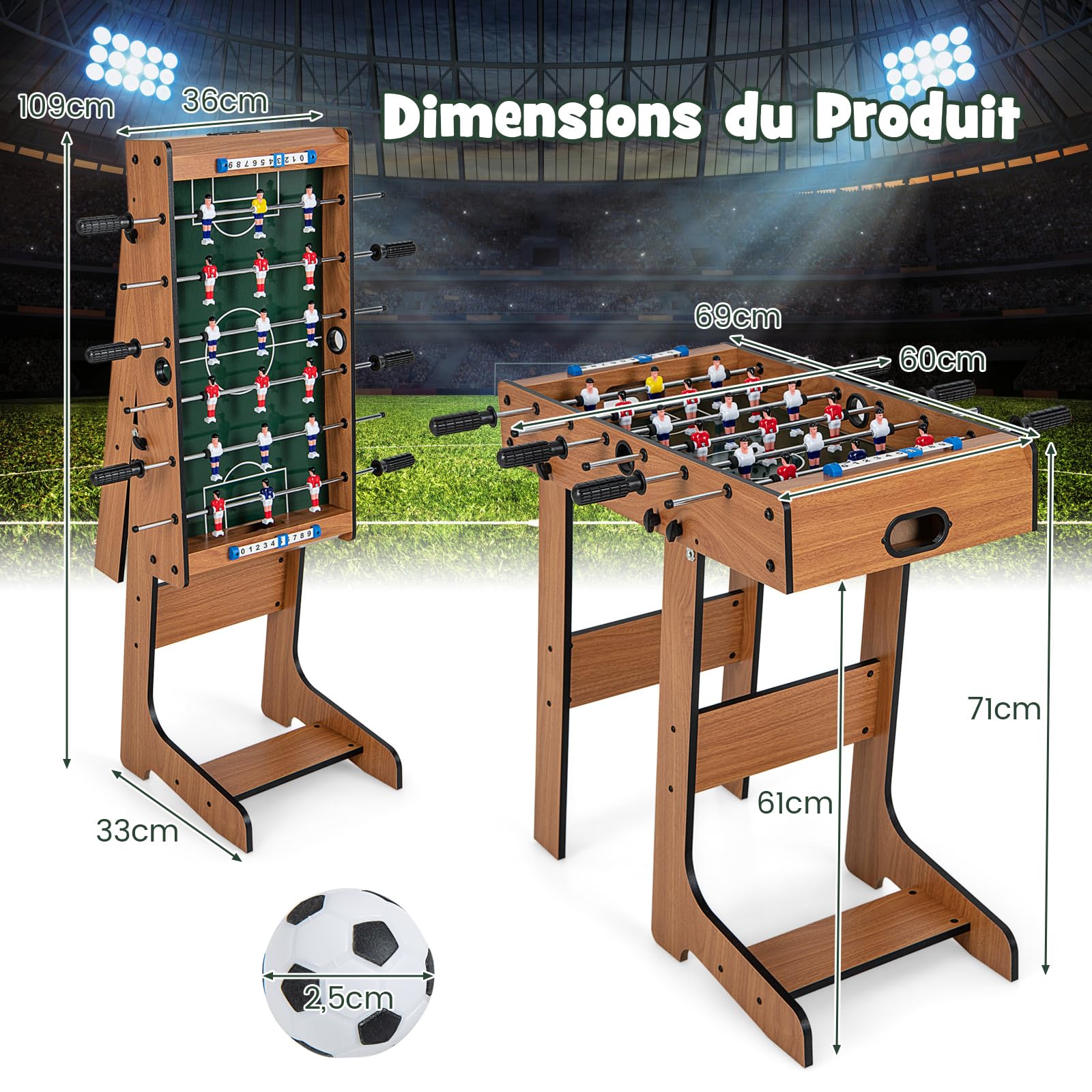 COSTWAY Baby-Foot Pliable en Bois avec Poignée Durable & 18 Joueurs, Table de Jeu sur Pieds avec 2 Ballons, Jouets pour Adulte et Enfant pour Fête, Bar ou Voyage, 69x36x71 cm…