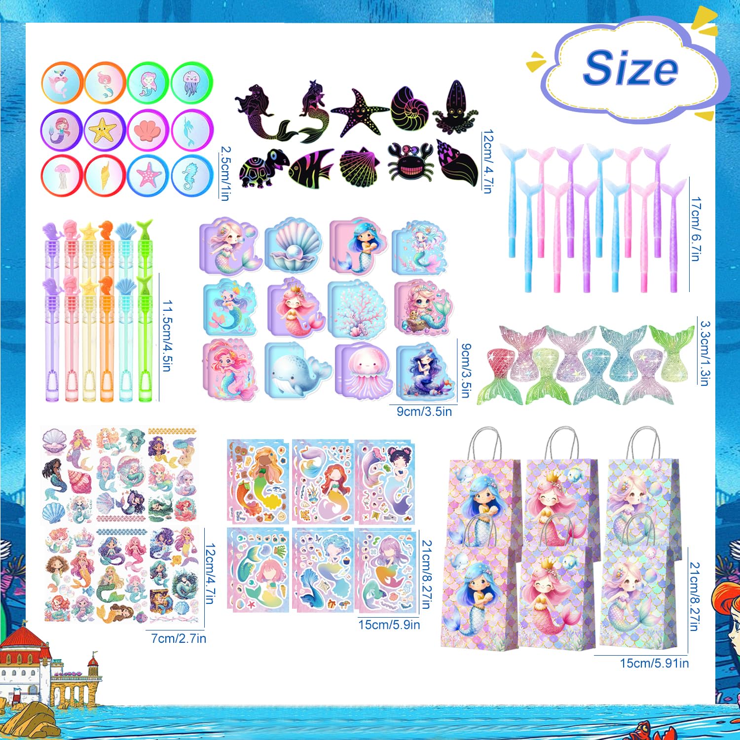 Sirena Bomboniere Festa,108 Pezzi Set di Bomboniere a Forma di Sirena Includere Tema Sirene Taccuino Regalo Borsa Adesivi Gadget Compleanno