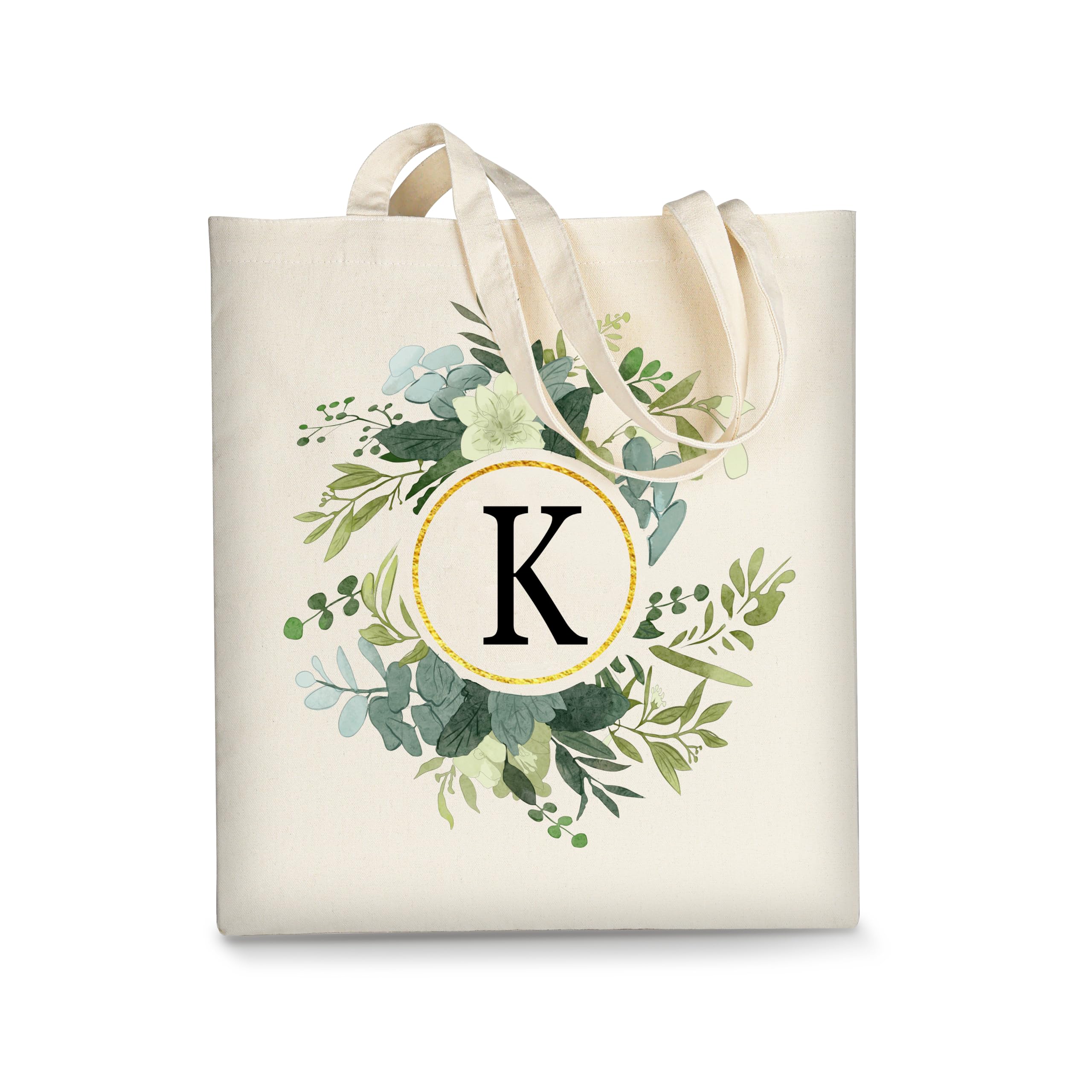 AUSVKAI Canvas Tote Bag for Women, Cute Aesthetic Leaf Initial Trendy Cotton Reusable Personalized Birthday Bags