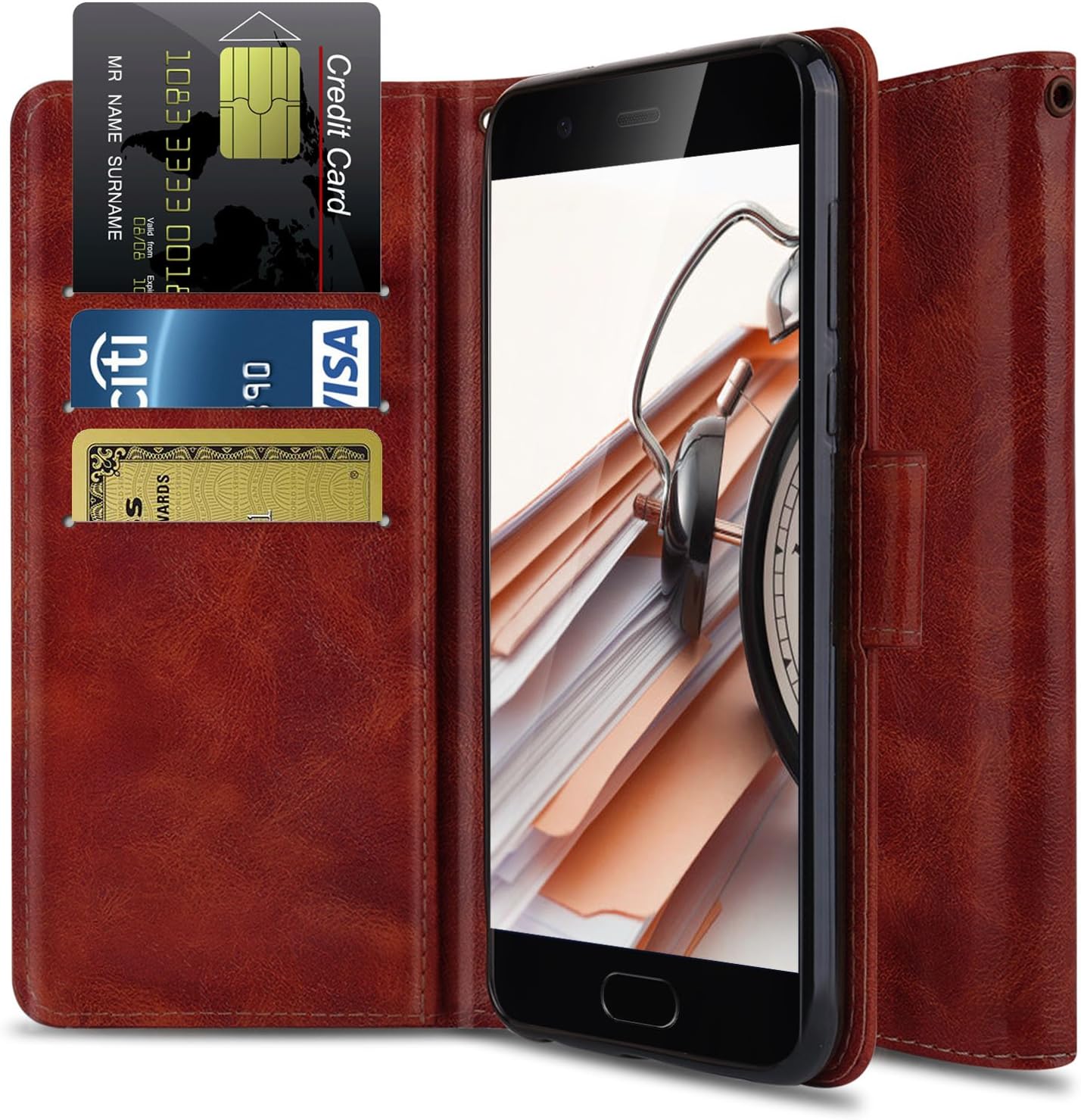 OTOONE Wallet Stand Case for Huawei P10 with Genuine PU Leather Flip Cover and Card Slot Holder Design for Huawei P10 VTR-L29 5.1 Inch 2017 (Burgundy)