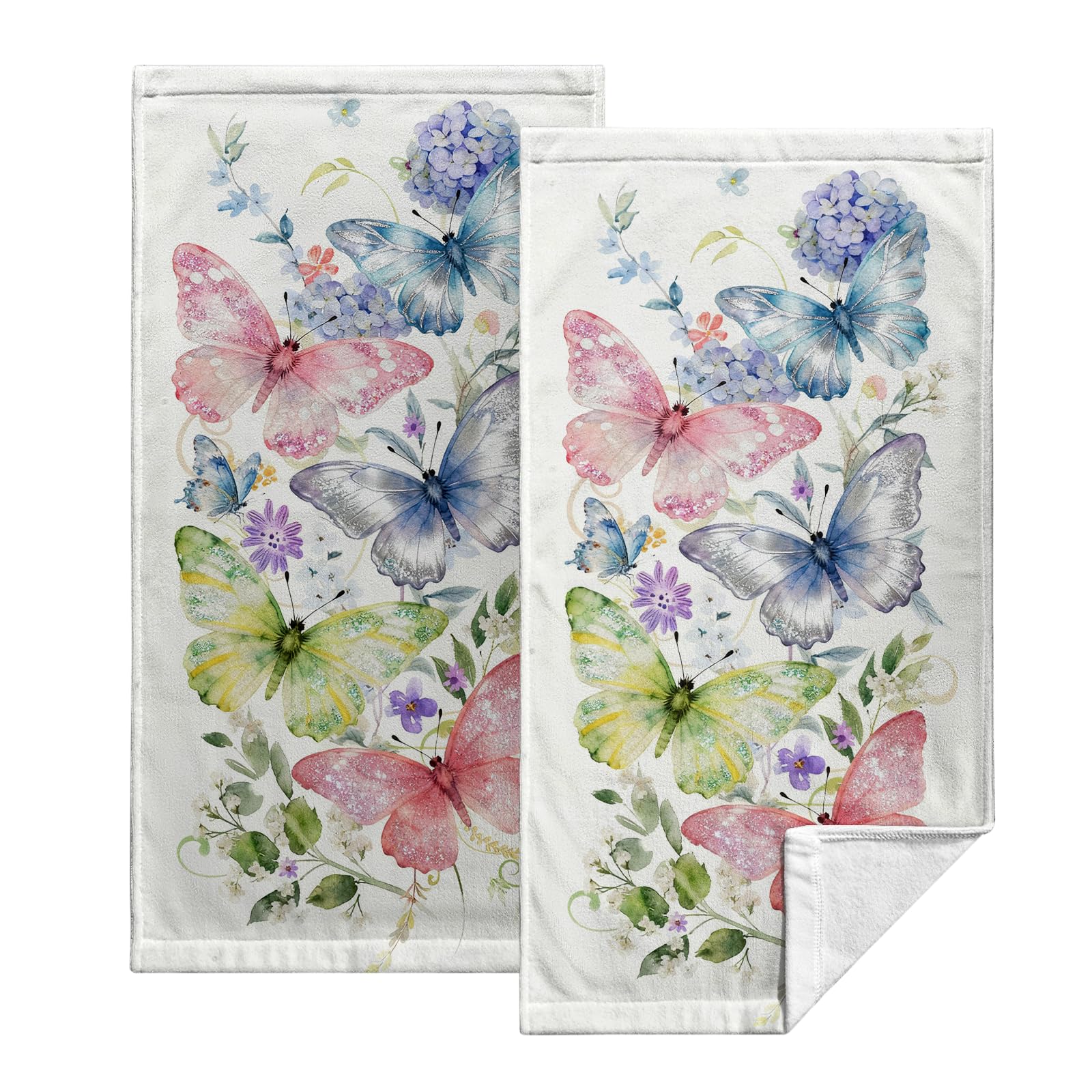 Kwlegh Colorful Butterfly Floral Hand Towels Spring Summer Dish Towels Violet Hydrangea Fingertip Towels 14.4x28.3 Watercolor Flower Bath Towels for Kitchen Bathroom Gym Spa 2 Pack