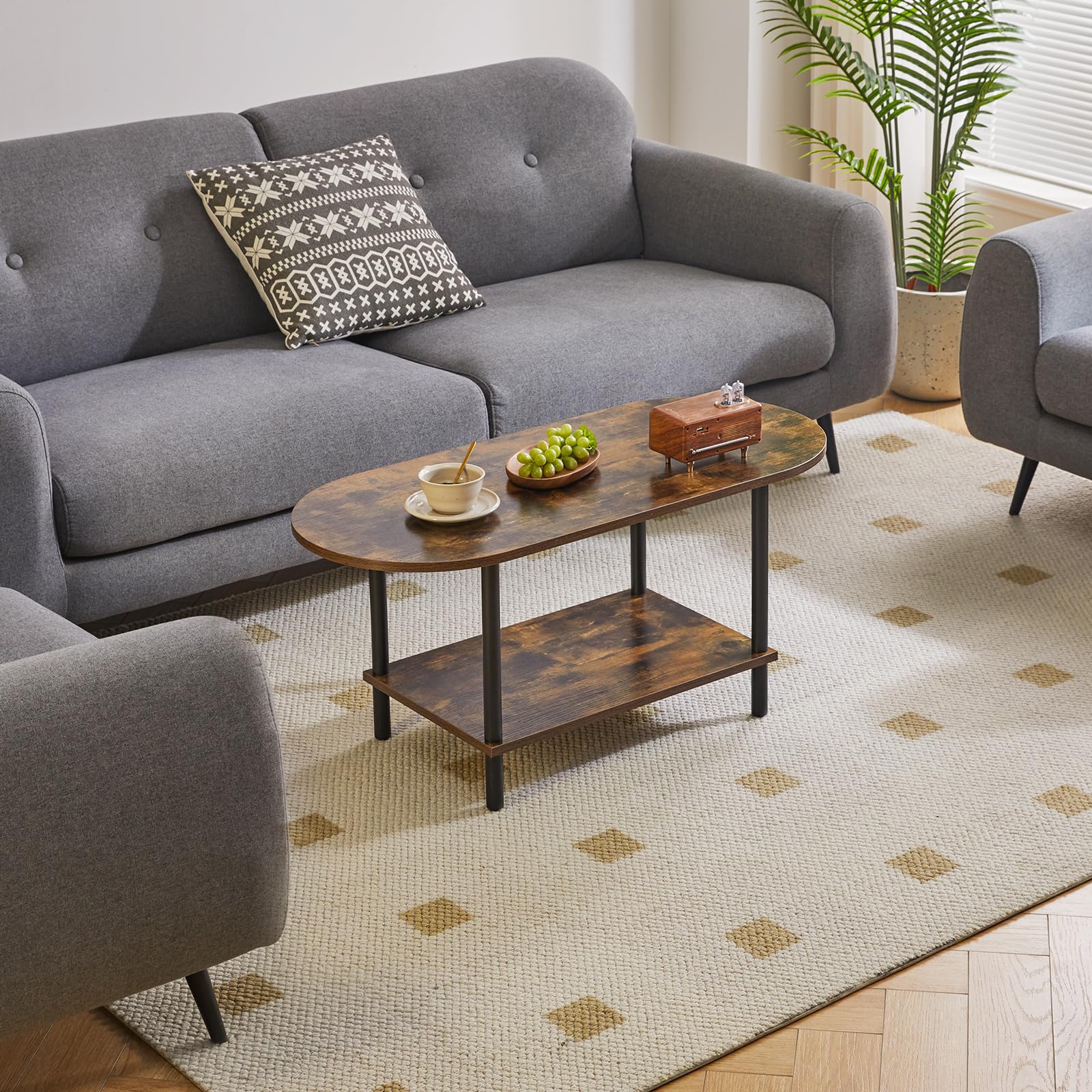 Mesa de centro rústica pequeña, mesa de centro de TV de 35 x 16 x 17 pulgadas, mesa de té ovalada de madera de 2 niveles para sala de estar, apartamento, marrón rústico YD-012H 6