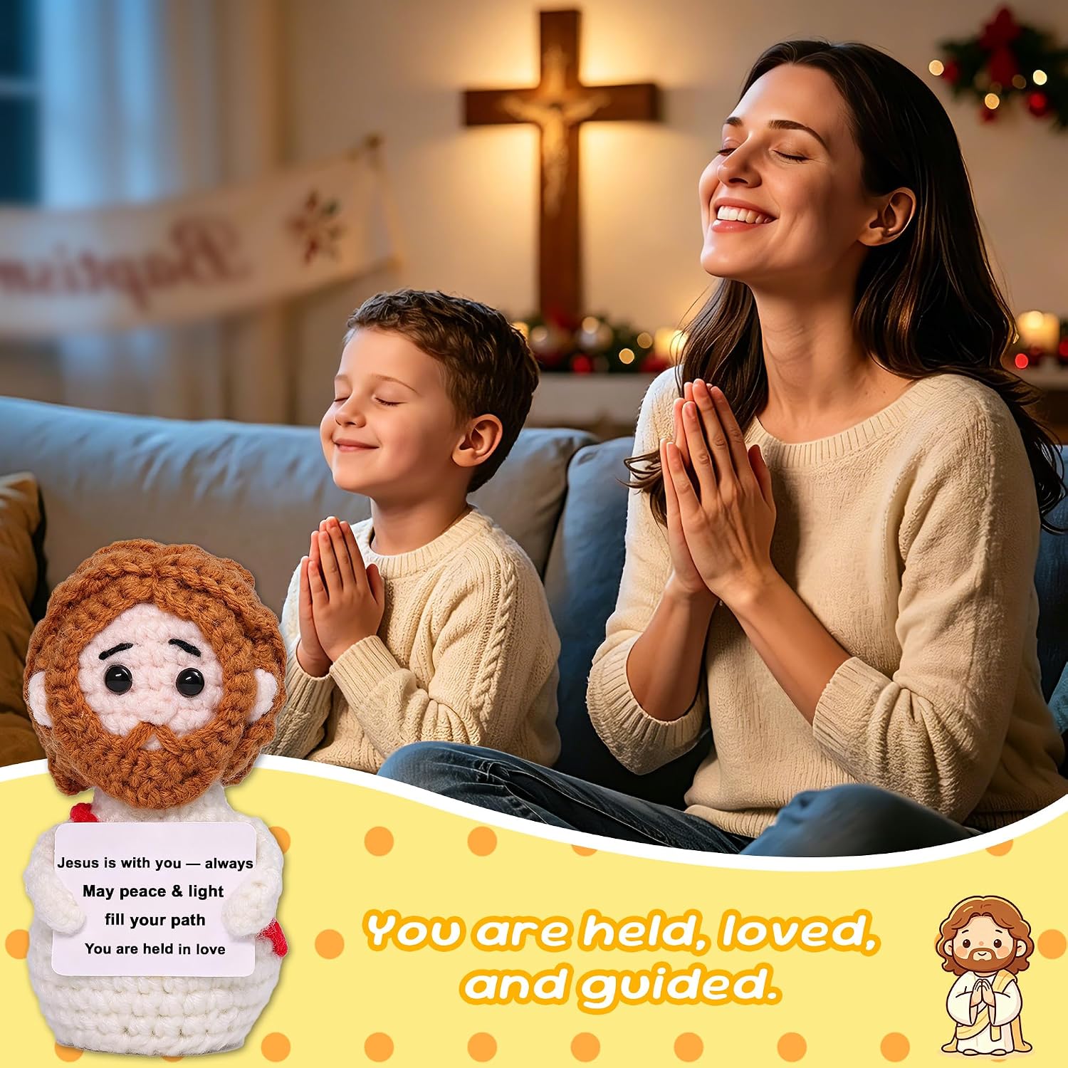 OkiyiD Mini Positive Jesus Crochet, Emotional Support Christian Gift for Women Men Friends, Handmade Jesus Figure with Positive Message, Religious Home Office Decor for Baptism Birthday Christmas