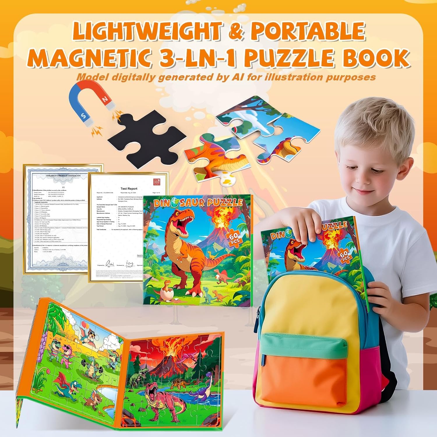 3 in 1 Magnetic Dinosaur Puzzles for Kids Ages 3-5, 3x20 Pieces Puzzles for Toddlers 4-6, Car Airplane Road Trip Activities Magnet Games Toys for 3 4 5 6 Year Old Boys image 2
