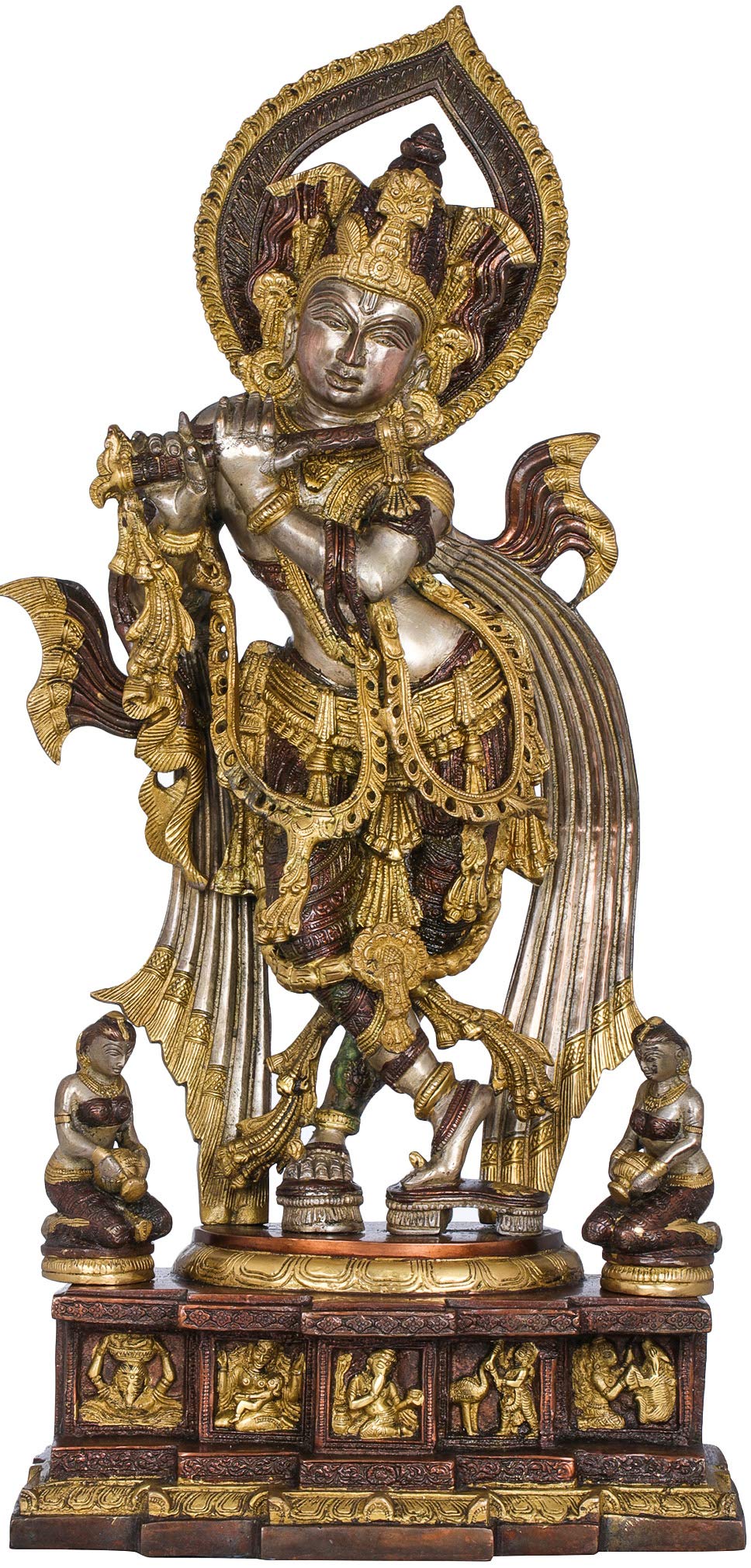Gopis At Krishna's Feet, His Baal-lila On The Pedestal - Brass Sculpture - Color Amazing Brown Silver Gold Color