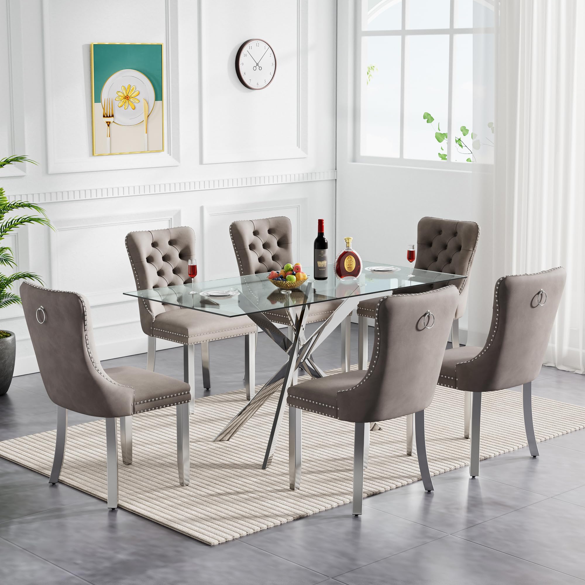 SSLine 7 Piece Glass Dining Table Set,Modern Silver Kitchen Table and Chairs Set for 6 with Glass Tabletop Metal Legs and 6 Velvet Dining Chairs for