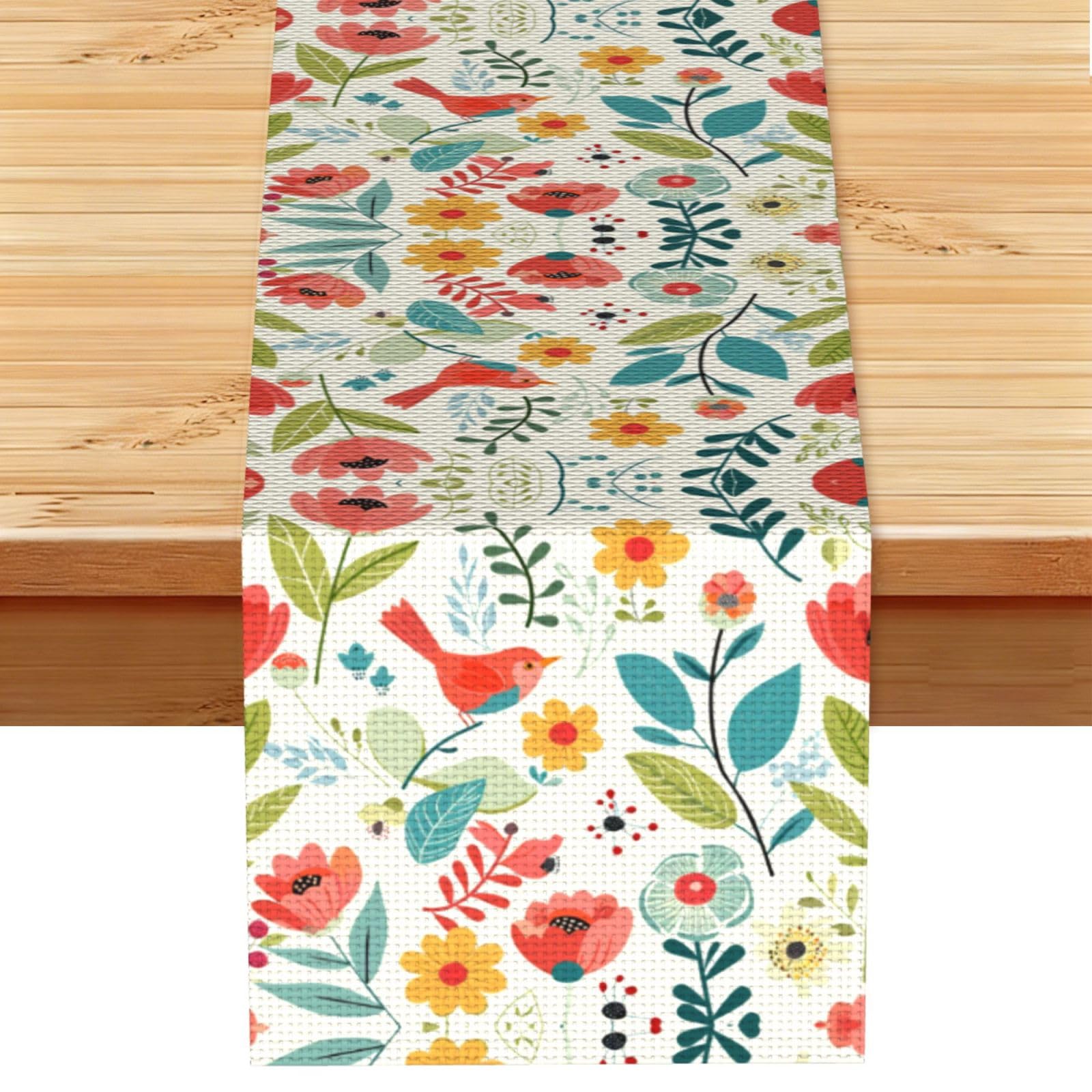 Exquisite colorful flowers bird Printed Table Runner 13 x 72, Wrinkle Resistant Decor for Dining Table Coffee Table Fireplace