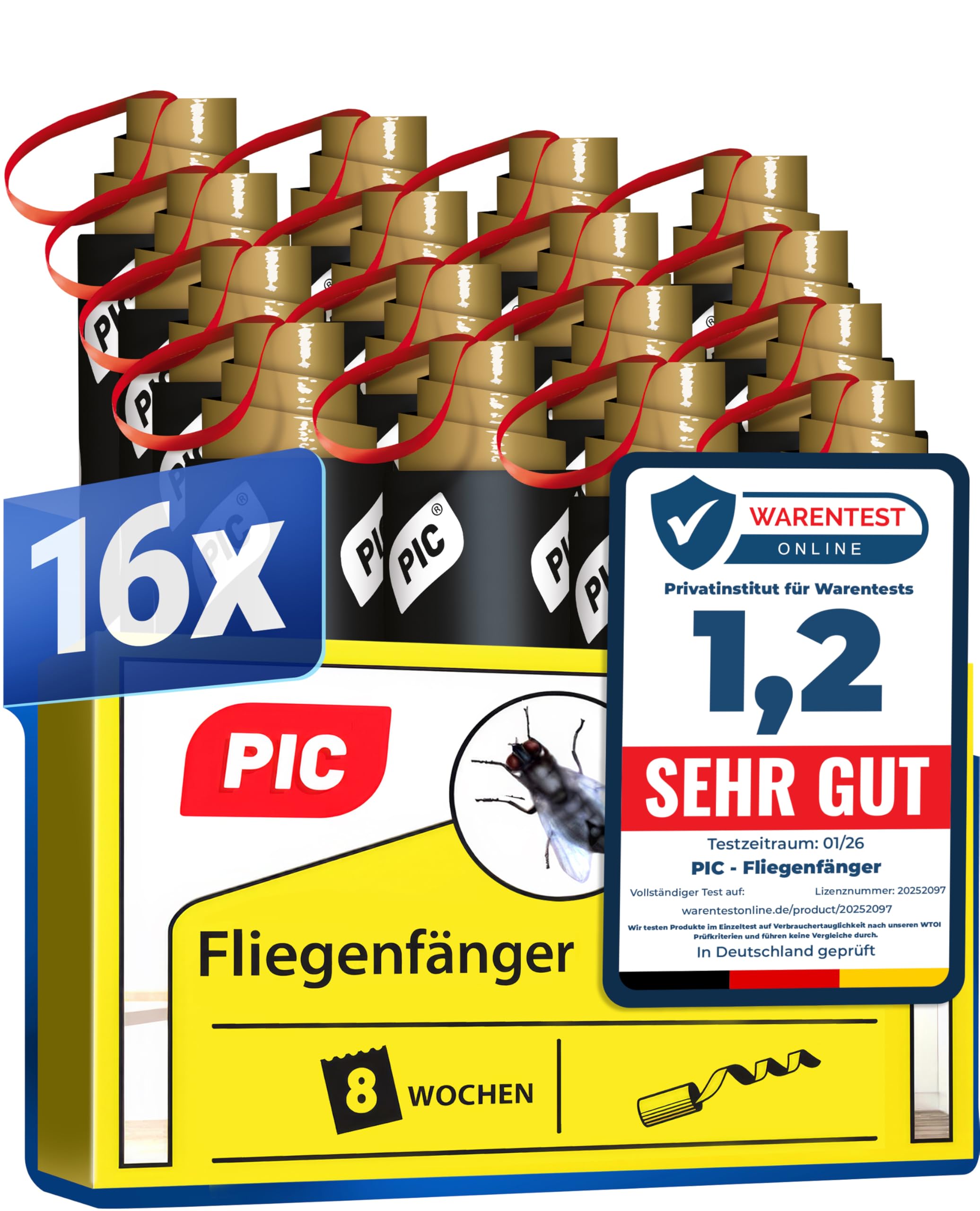 PIC Fliegenfänger 16x – Fliegenfalle Innenbereich ohne Chemie – Fliegenfänger Klebestreifen & Fliegenband – Fliegenfalle Klebefalle gegen Fliegen in der Wohnung – ohne Einsatz von Fliegenspray
