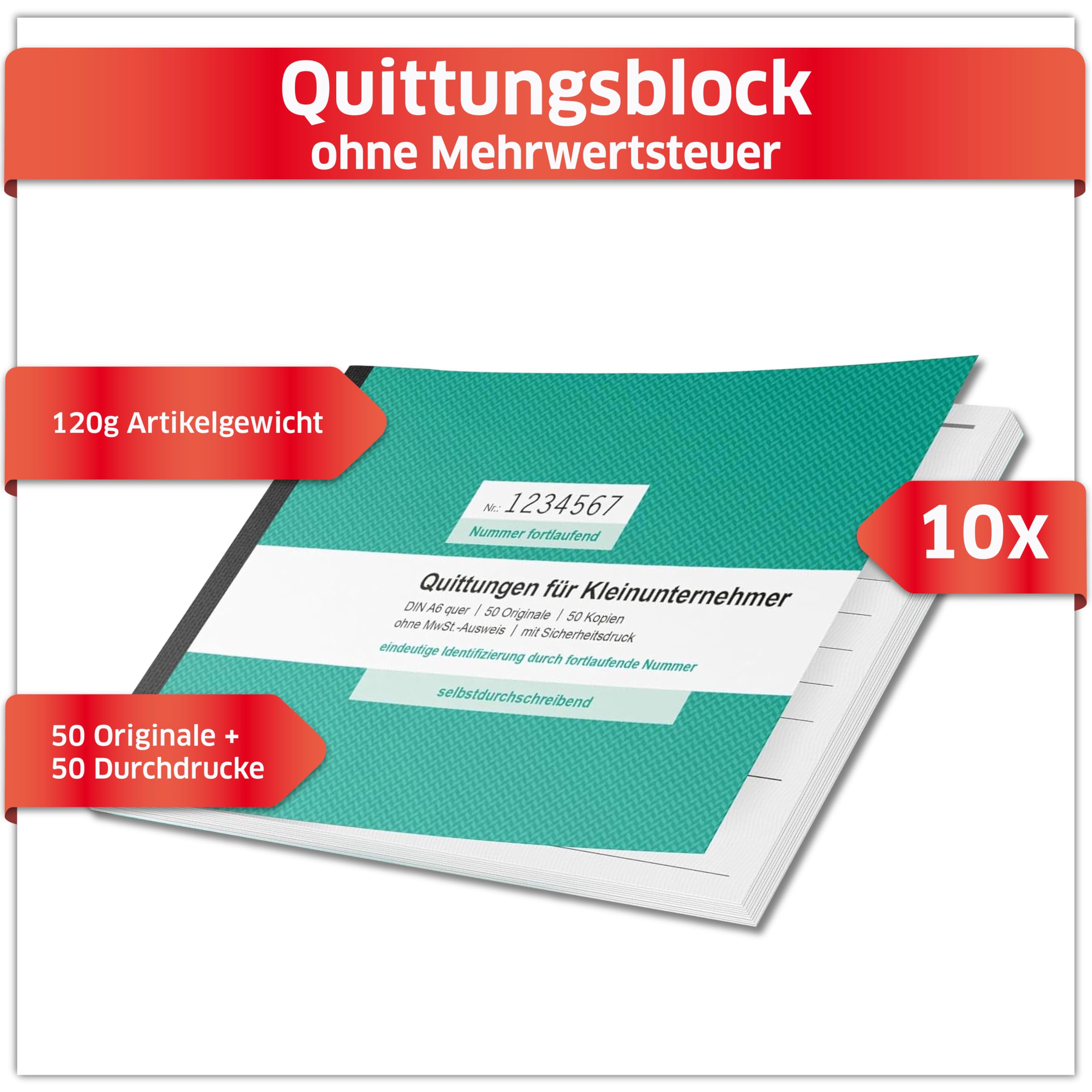 Primus Print Lot de 10 blocs de reçus Format A6 paysage 2 x 50 feuilles autocopiantes avec poinçon – Numérotation (sans TVA, 10 pièces)