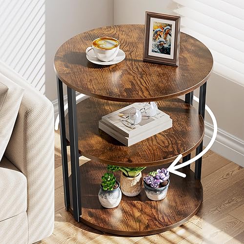 Mesa auxiliar redonda, mesa auxiliar giratoria de 3 niveles, mesa auxiliar grande con estante para sala de estar con Lazy Susan, mesita de noche