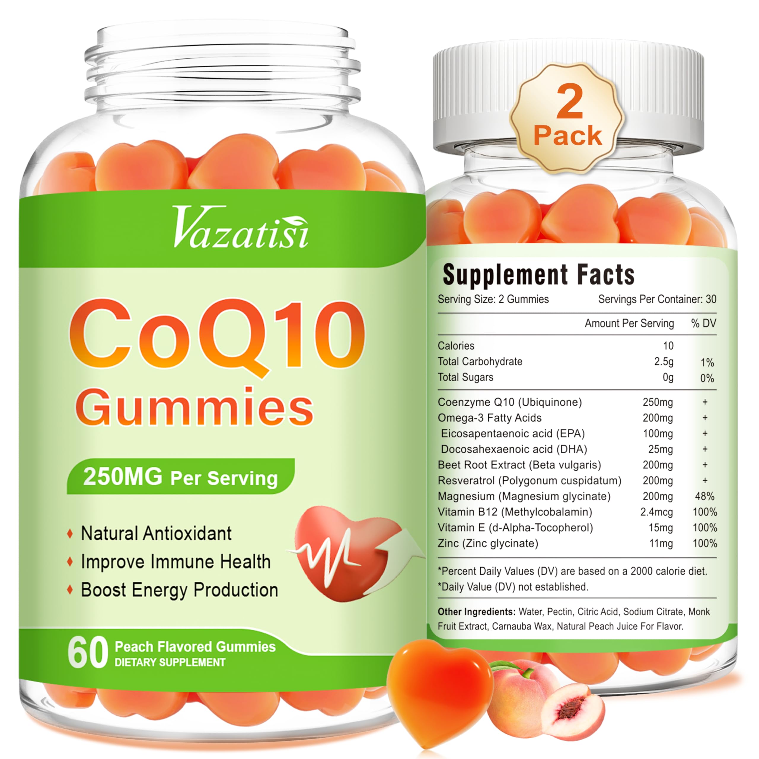 2 Pack CoQ10 Gummies 250 mg, Plus Omega-3, Magnesium, Vitamin B12 for Cellular Energy, Brain & Antioxidant, 5X Better Absorption Coenzyme Q10 Supplement - 120 Cts