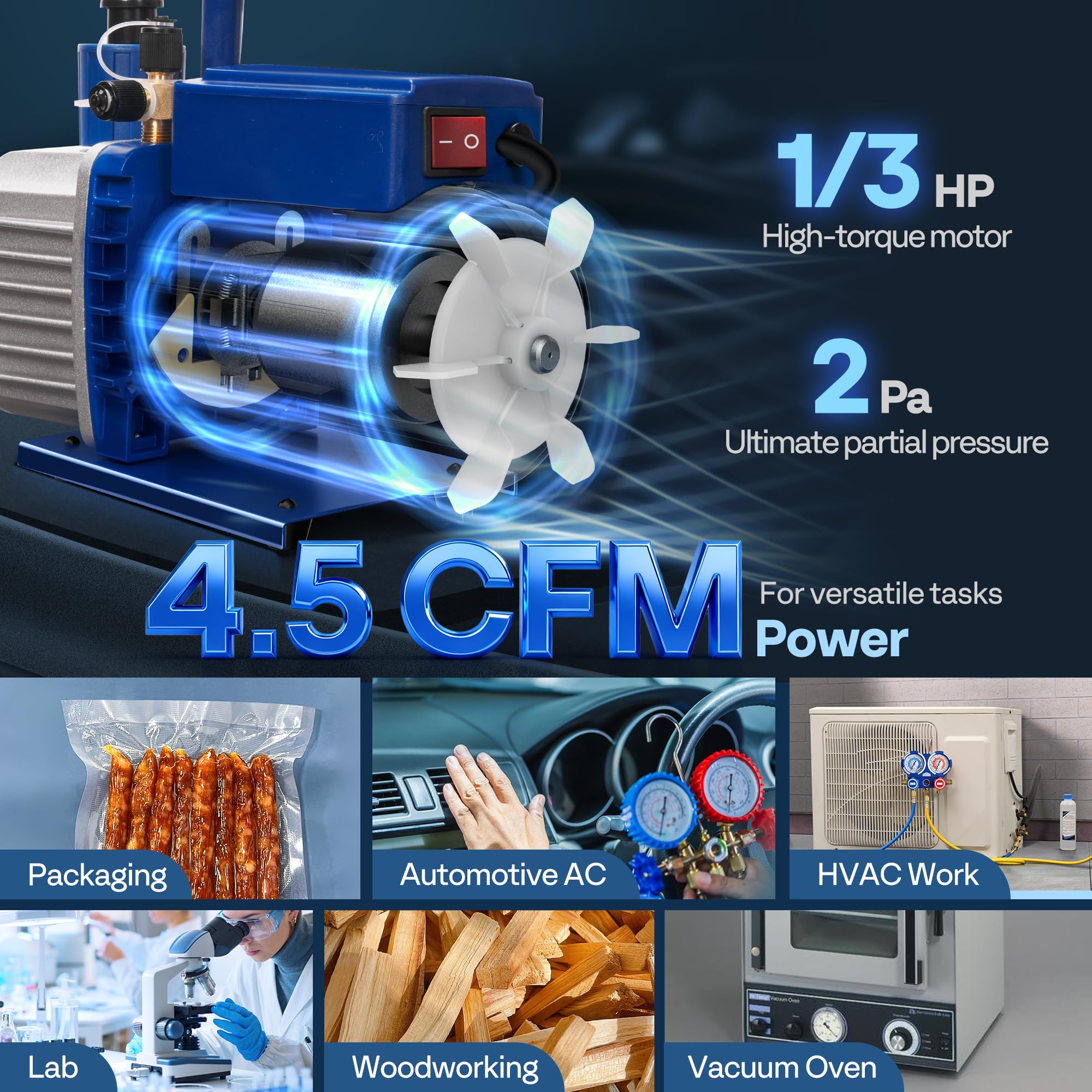 VIVOHOME Bomba de vacío HVAC de 1/3 HP 4.5 CFM 1 etapa A2L, motor sin chispas para sistemas R32 R1234yf R454B R134a R22 R410a, bomba de vacío automática de CA para mantenimiento de refrigeración de