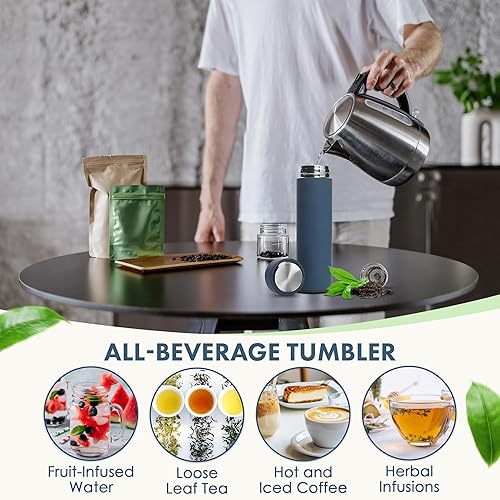Miniatura 5 de AVARO Termo para todas las bebidas, taza de té de acero inoxidable de 16.9 onzas con infusor de té corto, botella de agua aislada de doble pared