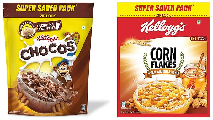 Kelloggs Combo, Kelloggs Chocos, High in Protein, B Vitamins, Calcium And Iron, 1.2kg Pack and Kelloggs Corn Flakes Real Almond and Honey, 1 kg