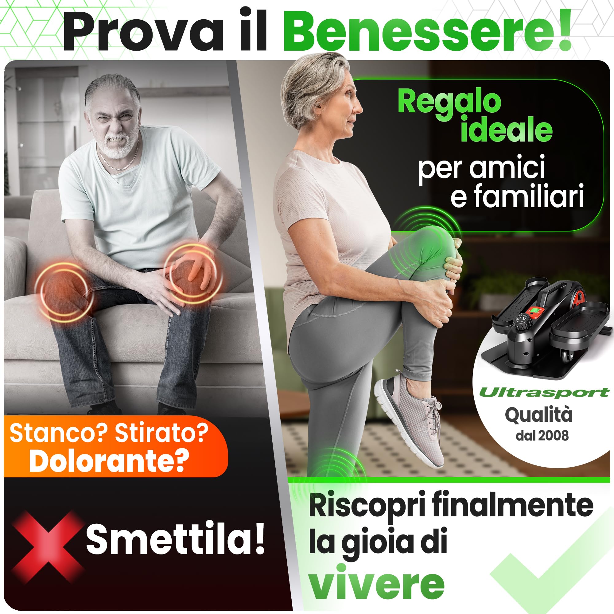 Ultrasport Stepper per casa, mini stepper fitness, 2 in 1, con corde di alimentazione e display LCD, per fitness a casa, mini stepper