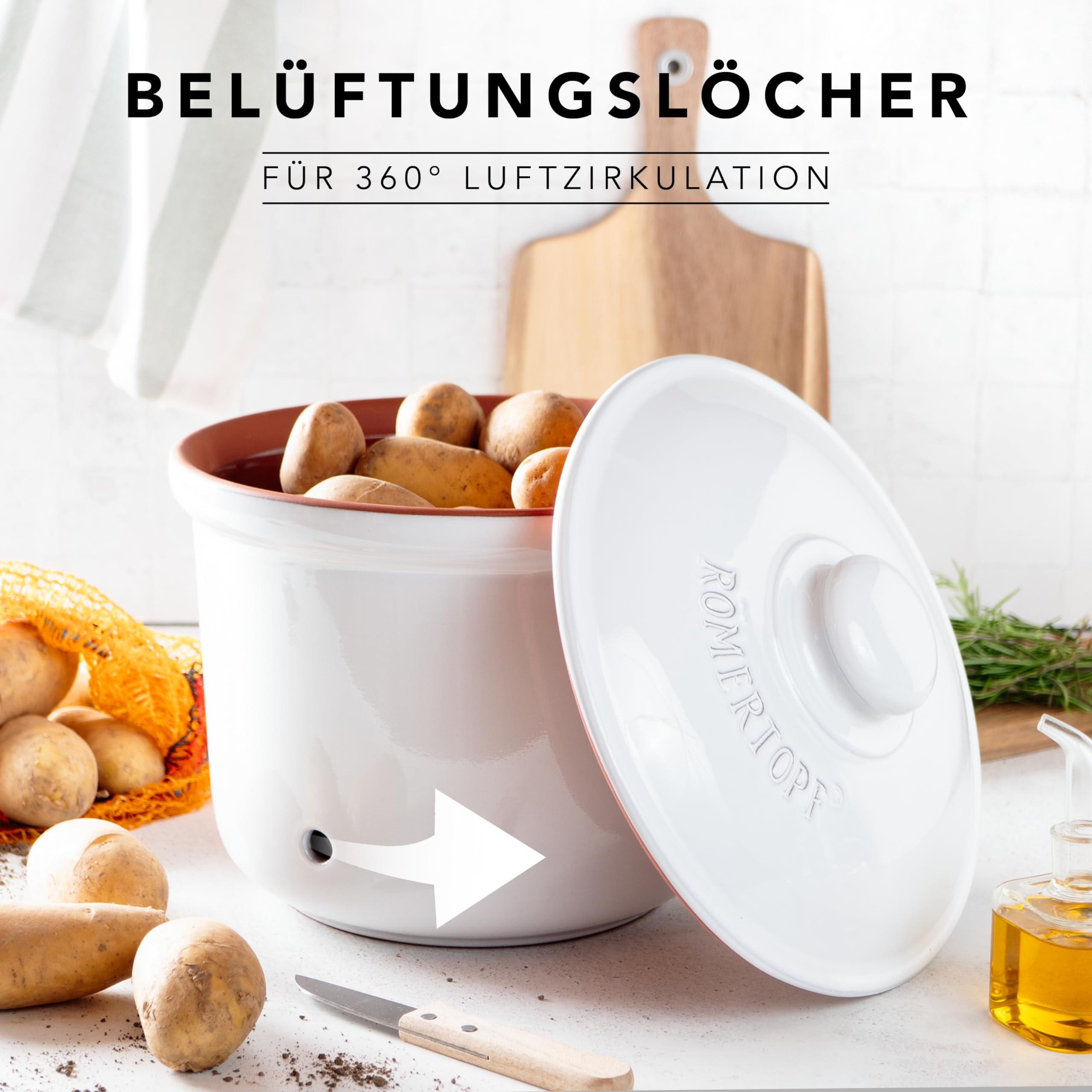 Romertopf Pot fraîcheur MAXI PLUS 5,5 l – Pot à pommes de terre en céramique – Argile respirante pour garder les légumes frais plus longtemps – Circulation de l'air idéale – Blanc