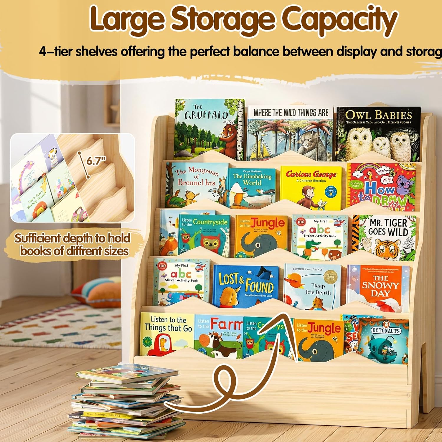 Book Shelf for Kids Room, 5 Tier Large Capacity Nursery Bookshelf 31.5" W * 31.5" H，Wooden Scalloped Montessori Bookshelf for Toddler Children, Bookcase for Classroom Bedroom