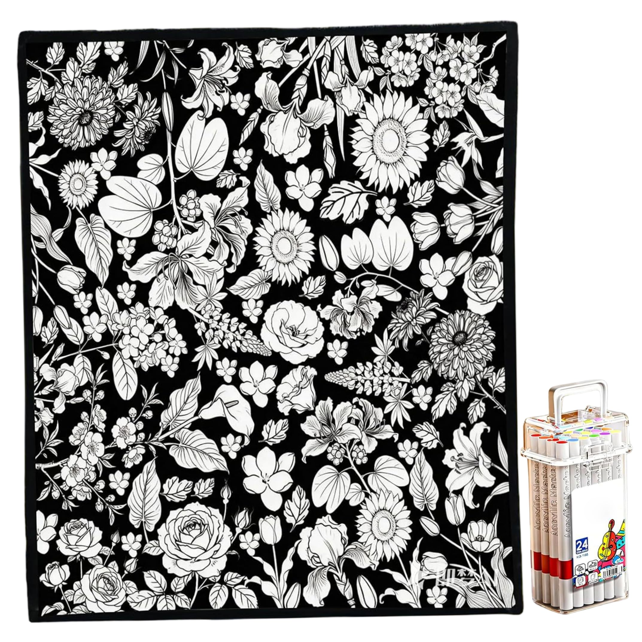 Couverture de coloration en velours floral réutilisable avec 24 marqueurs pour enfants