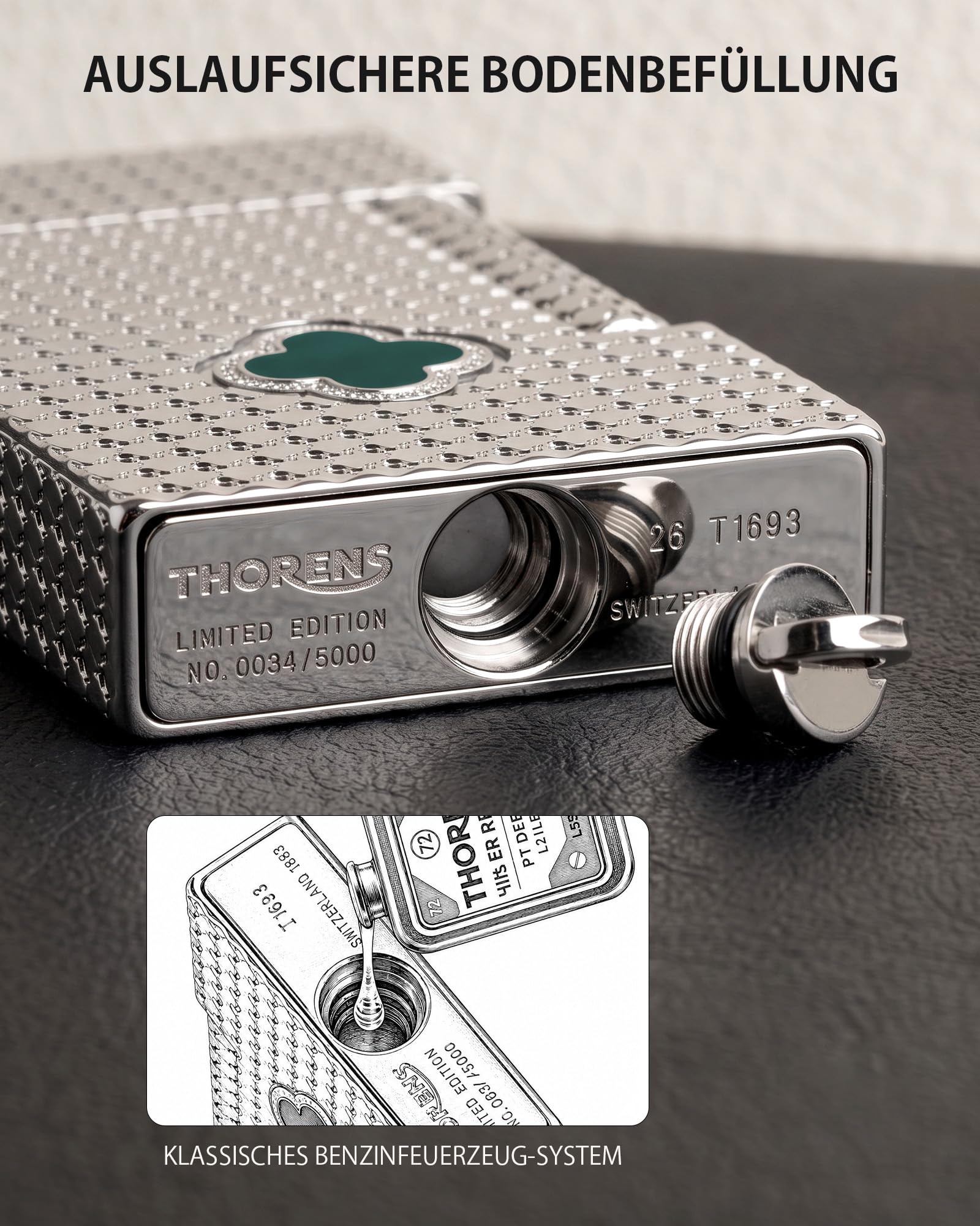 THORENS koniczyna monogram srebrny - zapalniczka szmaragdowa koniczyna