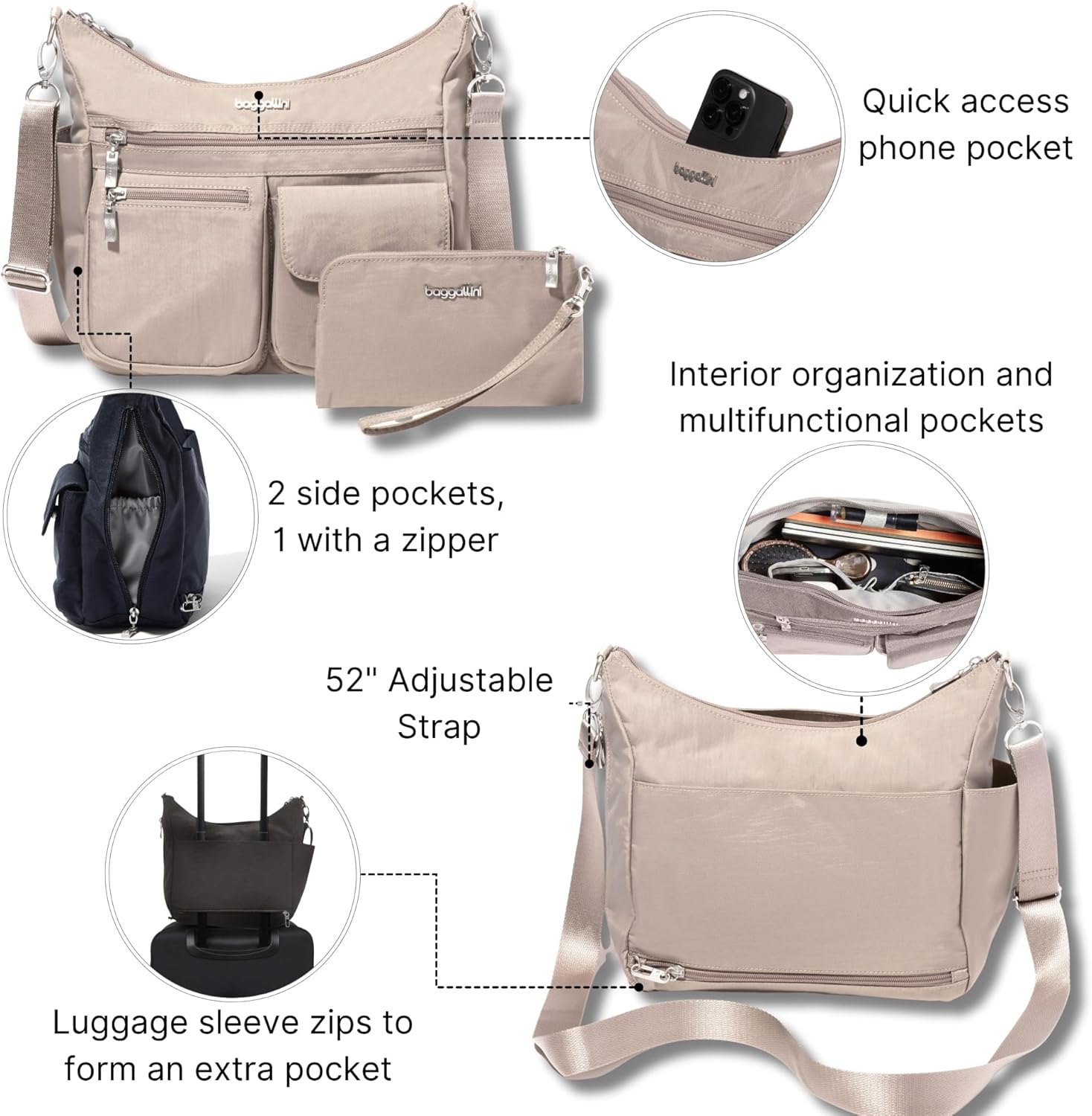 Baggallini Modern Everywhere Crossbody Bag for Women 11x9x4.5 Rfid Hobo Bag - Image 3