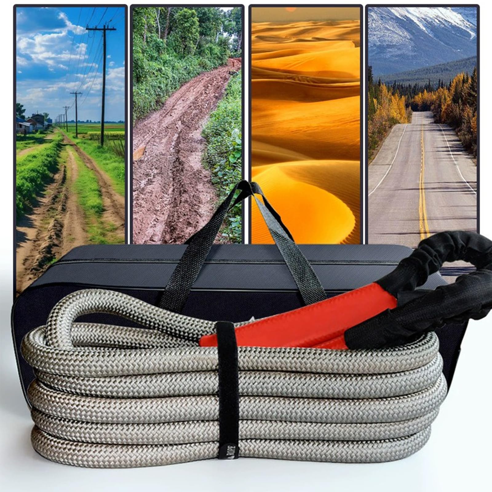 Cuerda de Remolque de recuperación cinética de 5M/8M/10M, Cuerda de Arranque Resistente Que se estira para ATV UTV Tractor Trailor Truck, Bolsa de Almacenamiento incluida (Gris) 8M