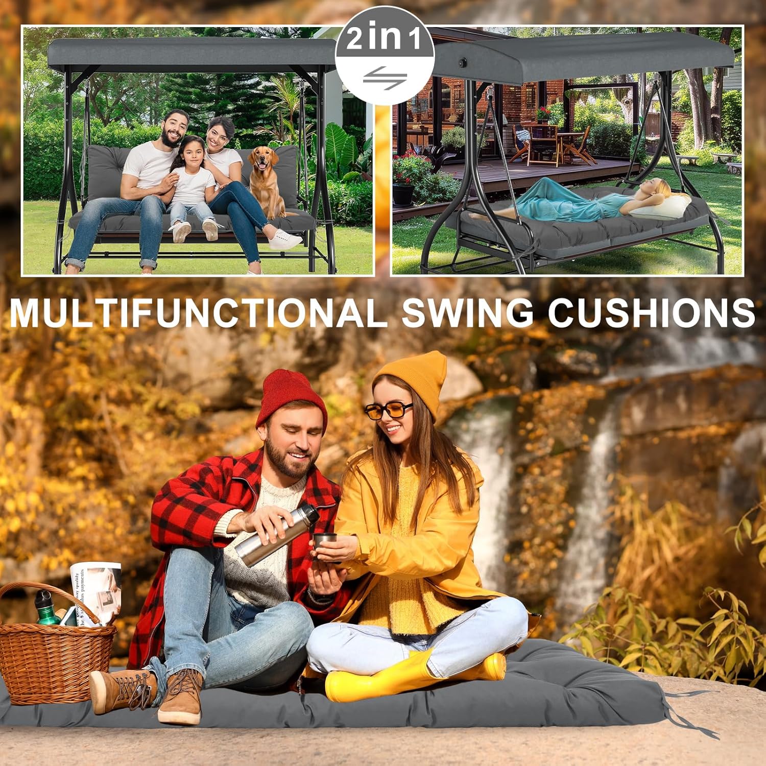 60 Inch Outdoor Swing Cushions Waterproof Extra 5" Thick 3 Seater Porch Swing Replacement Cushions with Backrest and Ties Fade-Resistant for Outdoor Patio Long Bench Furniture(Dark Gray)