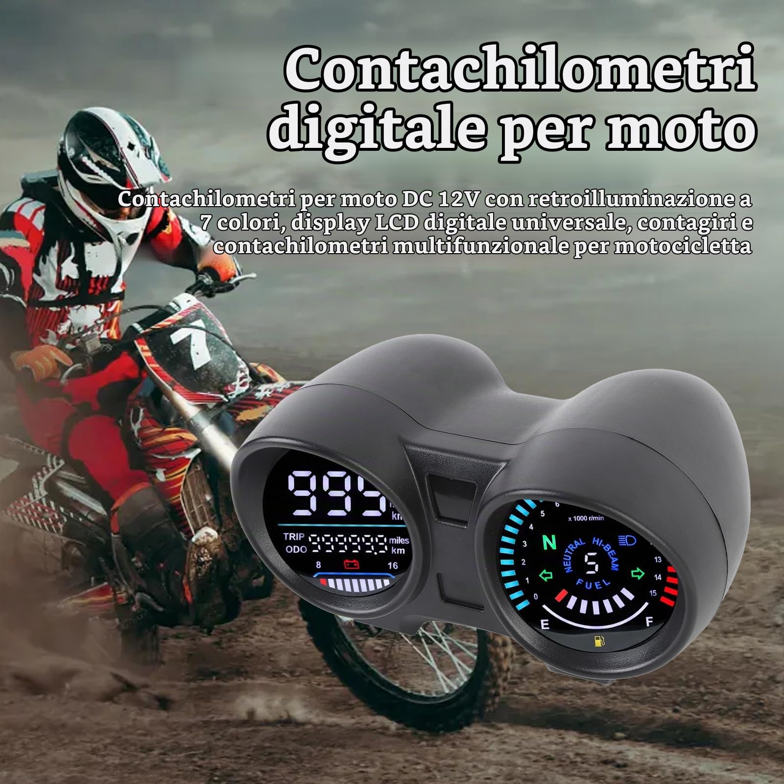 Tachimetro per Moto, 12V 7 Colori Retroilluminato LCD Universale Display Digitale Contachilometri per Moto Tachimetro Indicatore Multifunzionale, per CG 125 2000-2008