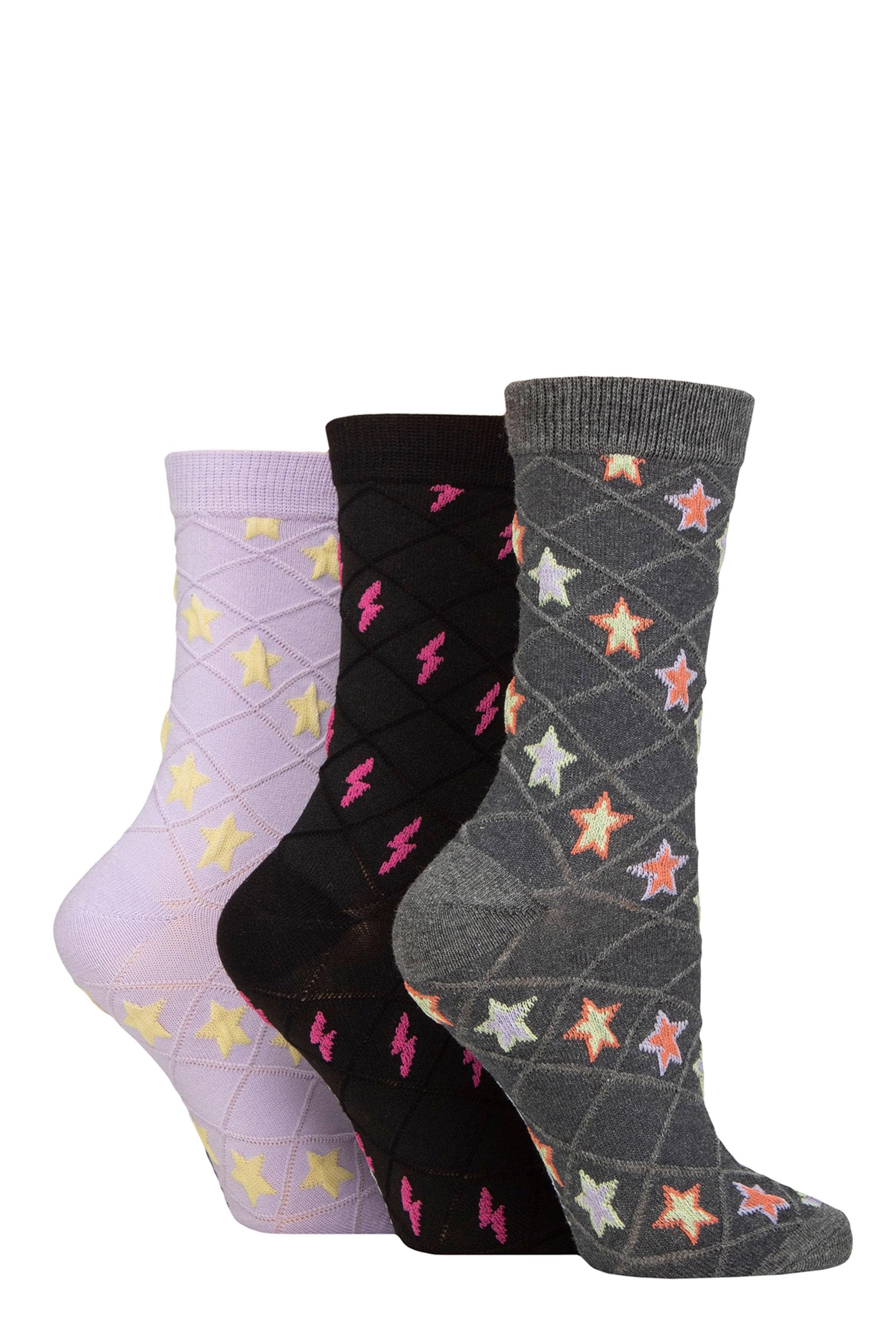 SockShop Wildfeet Ladies Textured Socks - Textured Knit Patterned Soft Cotton Socks in a 3 Pair Multipack Size 4-8 Stars/Lightning Bolt 4-8