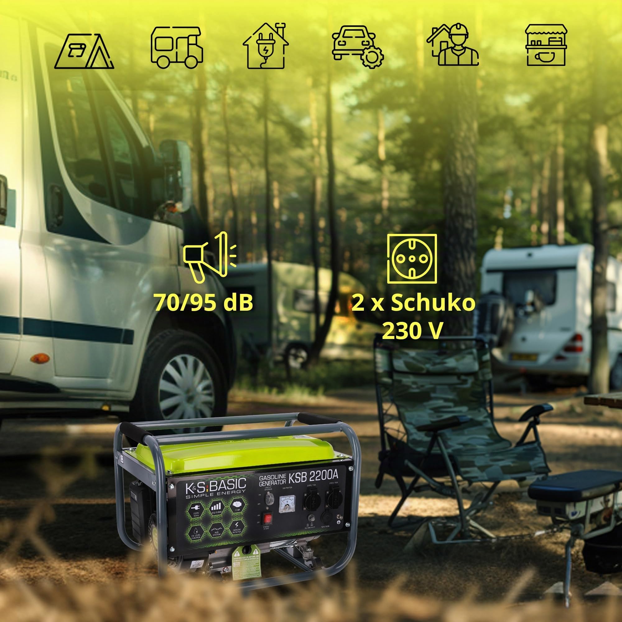 Generador de gasolina KSB 2200A con la potencia de 2200 W, arranque manual, regulador automático de voltaje (AVR), voltímetro, 2 x Schuko 230 V, salida 12V, alternador con bobinado de aluminio