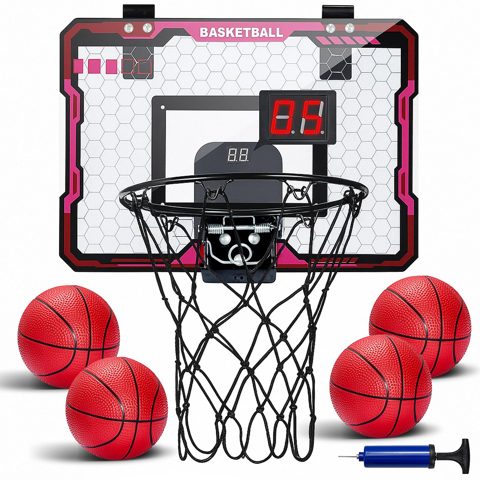 Basketball Hoop Indoor with Scoreboard, 4 Mini Balls & Pump, Mini Basketball Hoop Set Over the Door for Boys and Adults Office Game Gifts Basketballs Toys Room Accessories for Teen Boy 8 9 10 11 12