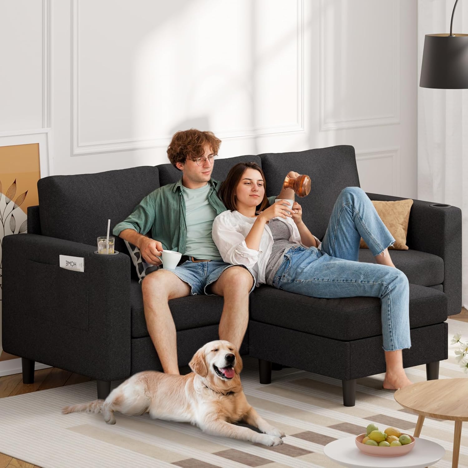 Luxanimarion Upholstered Sectional Sofa and Couches, 78'' L Shaped 3-seat Sofa forLiving Room, Apartment,Lounge,Bedroom-Washable Covers Convertible Sofas(Linen Fabric,Black)