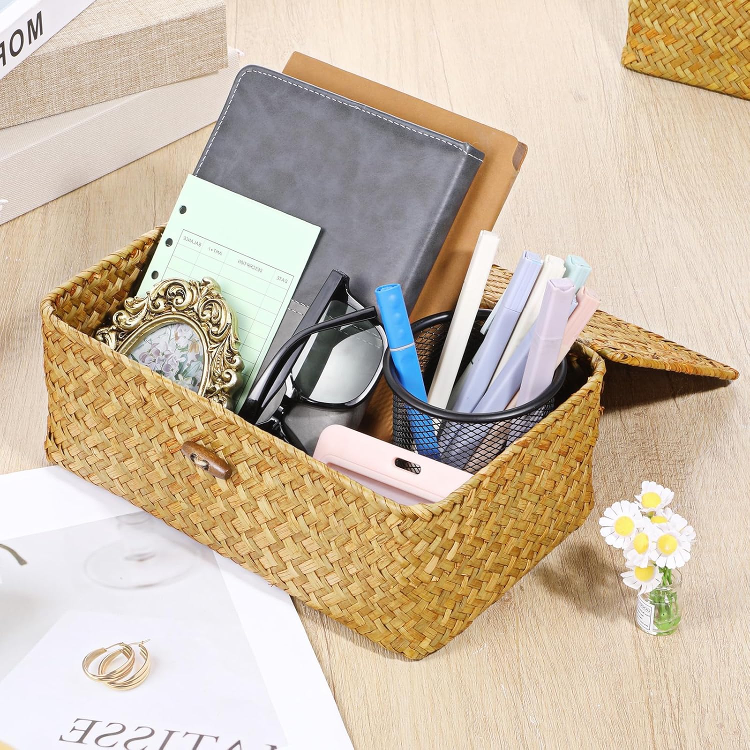 4 Set Wicker Storage Basket With Lid, 4 Size Handwoven Storage Bins Shelf Baskets Multipurpose Container for Home & Office Supplies