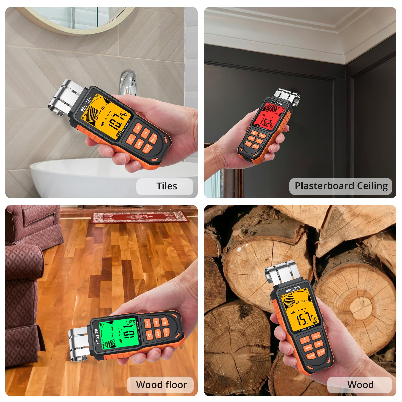 Proster Akumulatorowy miernik wilgotności – bezpinowy tester wilgotności do ścian z 3 kolorowym ekranem LCD, 5 trybami, alarm dźwiękowy i świetlny, wykrywa głębokość do 40 mm