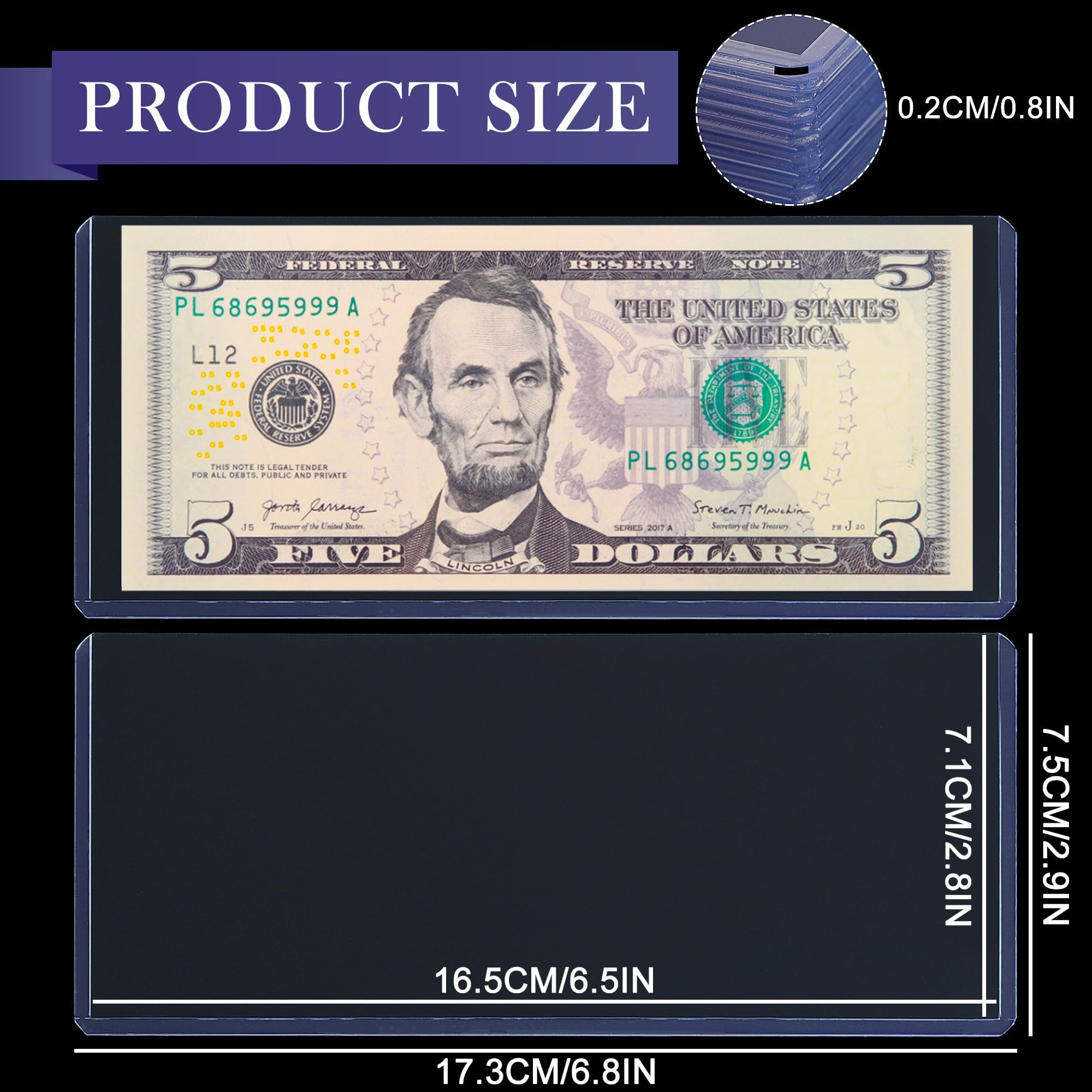 Uncle Paul Lot de 100 supports pour billets de banque - En PVC transparent - Pour billets de banque ordinaires - PN03L100