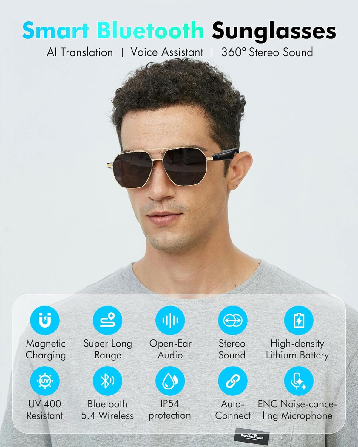 DUCO AI Translation Smart Glasses for Men Women with 160 Languages Bluetooth Polarized Sunglasses MS004