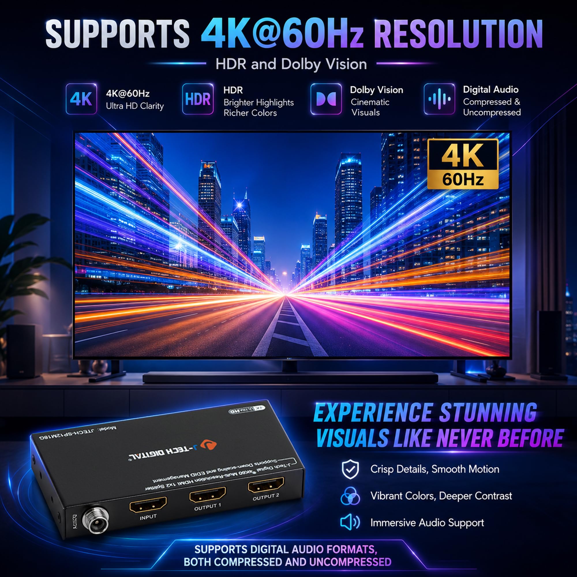 J-Tech Digital Divisor HDMI 1 en 2 salidas 4K a 60Hz, divisor HDMI 1x2 para pantalla duplicada/espejo 4K a 1080P, función de reducción de escala 3 ajustes EDID (JTECH-SP12M18G)
