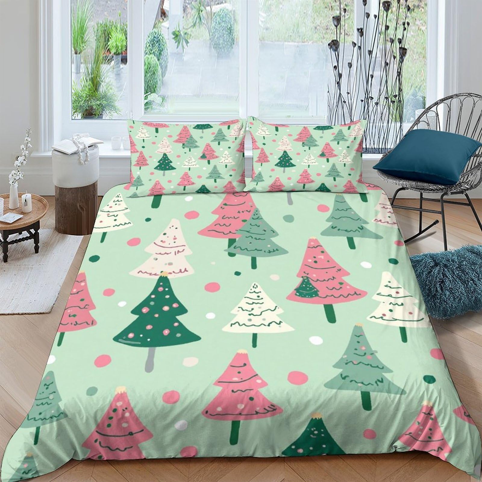 Ctjqhvkz Style-7 3D Printed Christmas Tree Fitted Sheet Microfiber Green Pink Bed Cover For Bedroom Guestroom Dorm Mattress Decor Single（135X200cm）