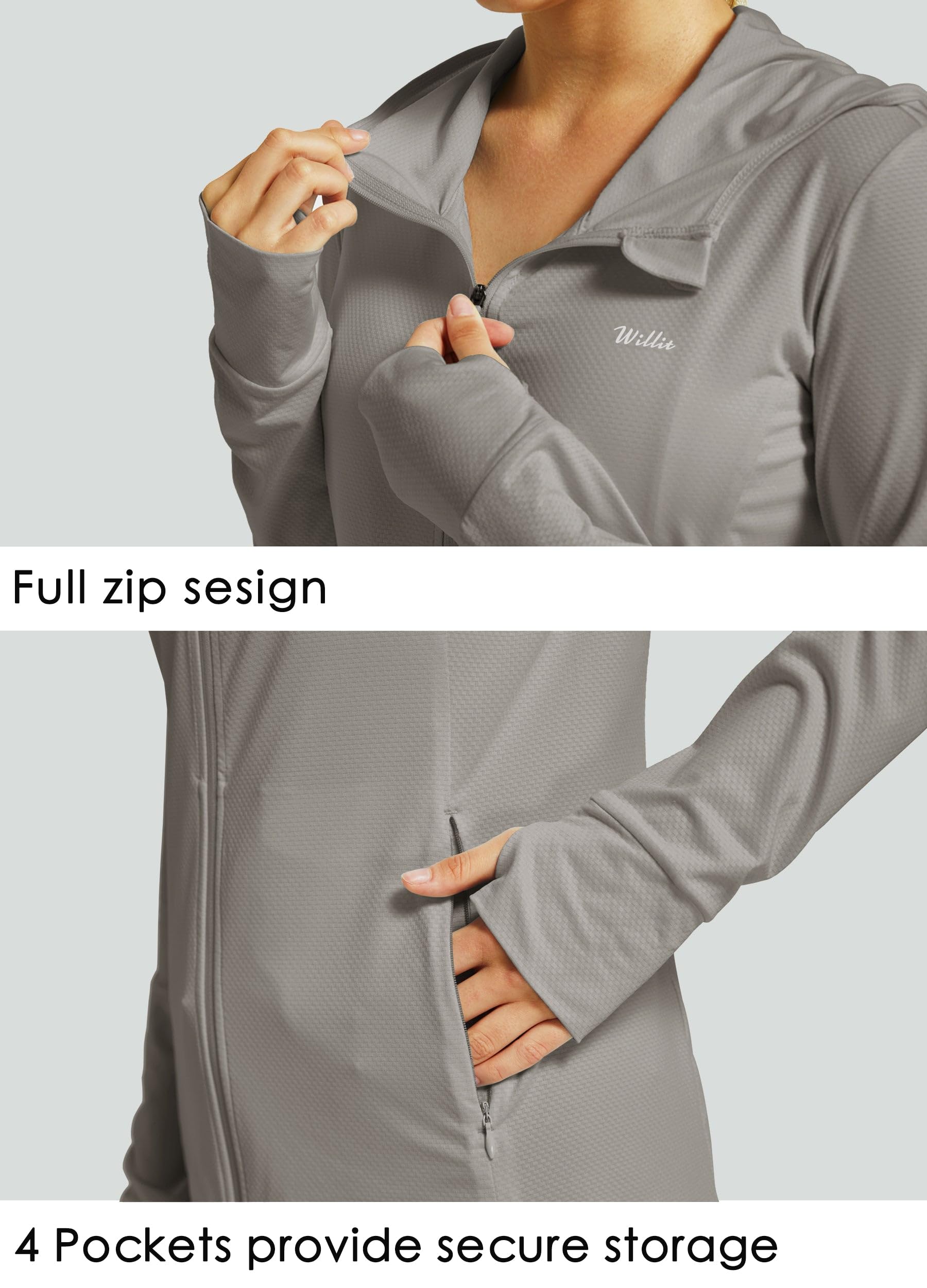 WILLIT Veste de course pour femme - Manches longues - Protection solaire - Sweat à capuche UV - UPF 50 - Veste légère - Yoga - Fitness - Sport - Randonnée - Avec poches