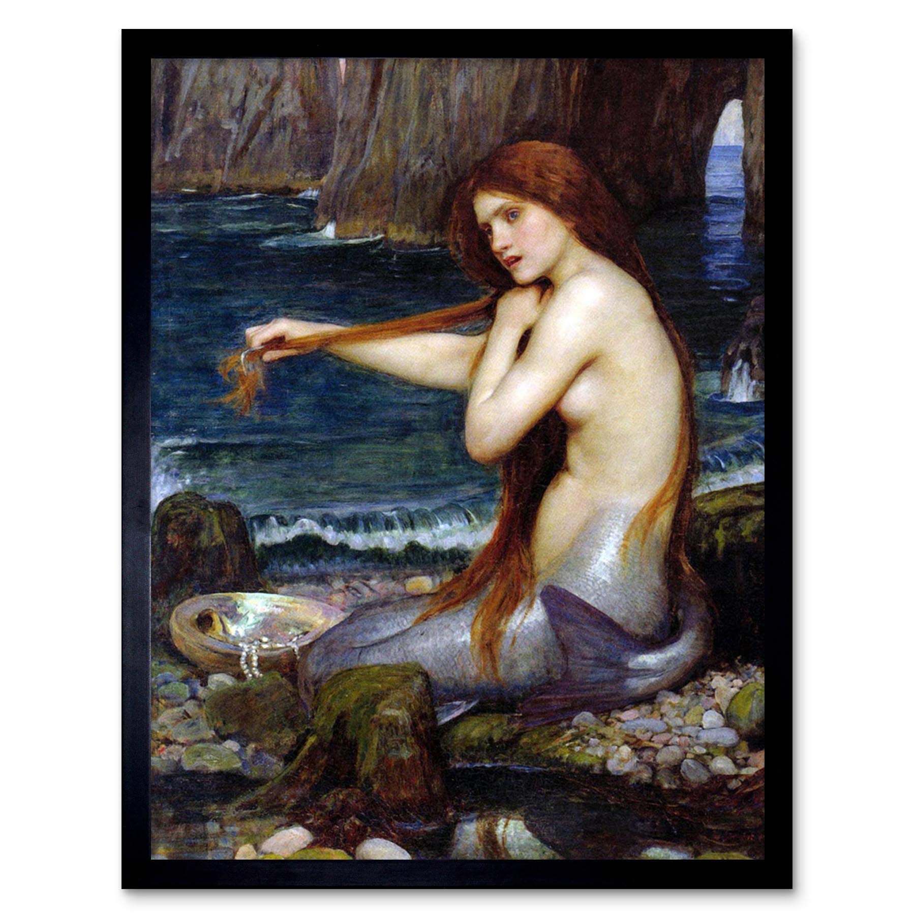 Wee Blue Coo Framed Black John William Waterhouse Mermaid Old Master Painting Art Print Framed Poster Wall Decor 12X16 Inch