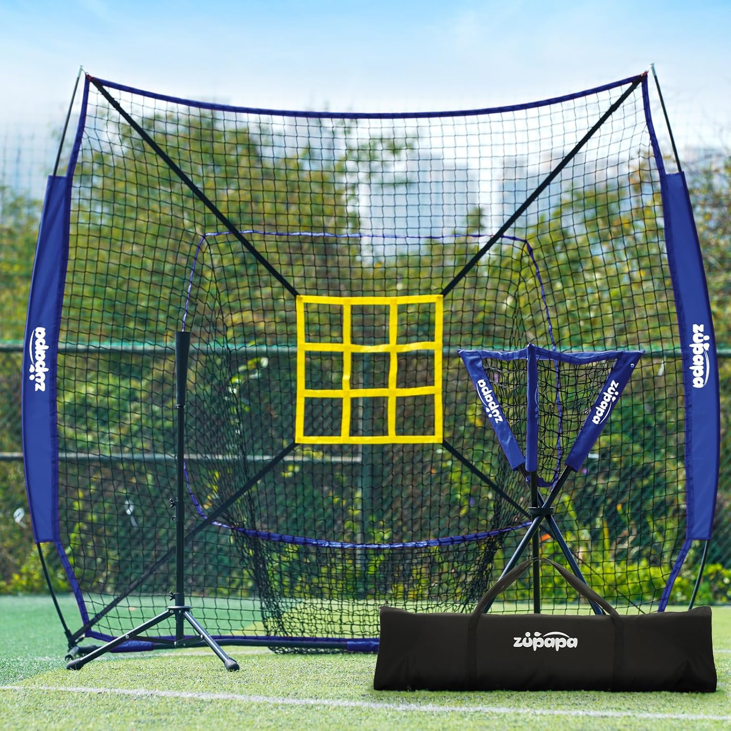 Zupapa 7x7 Feet Baseball Softball Hitting Pitching Net Tee Caddy Set with Strike Zone, Baseball Backstop Practice Net for Pitching Batting Catching for All Skill Levels